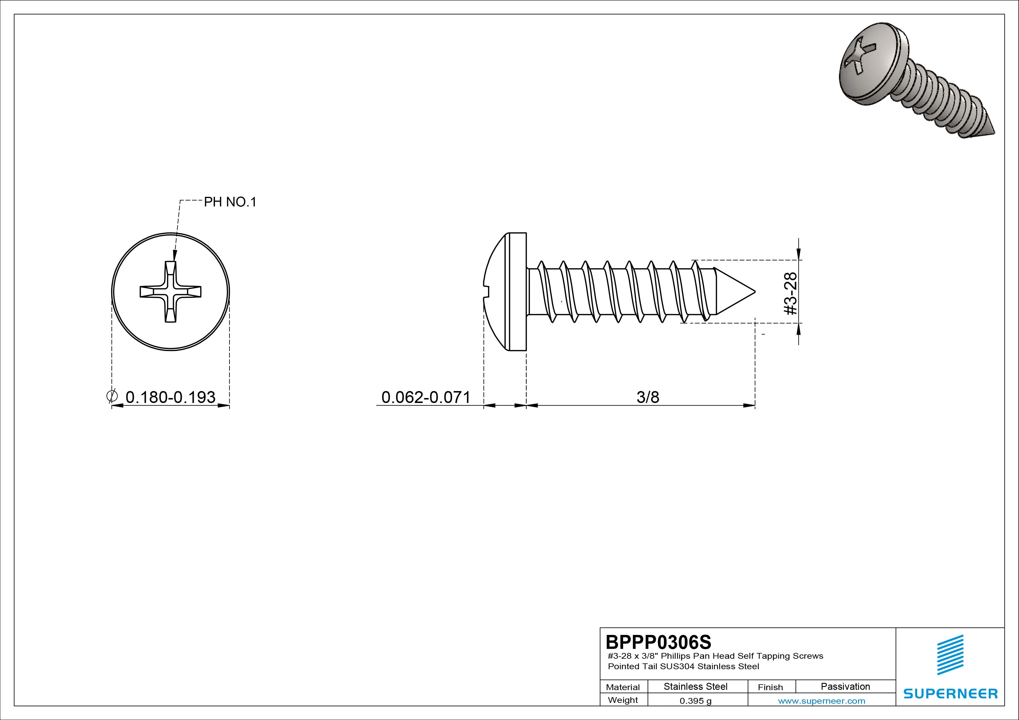 #3-28 x 3/8" Phillips Pan Head Self Tapping Screws Pointed Tail SUS304 Stainless Steel