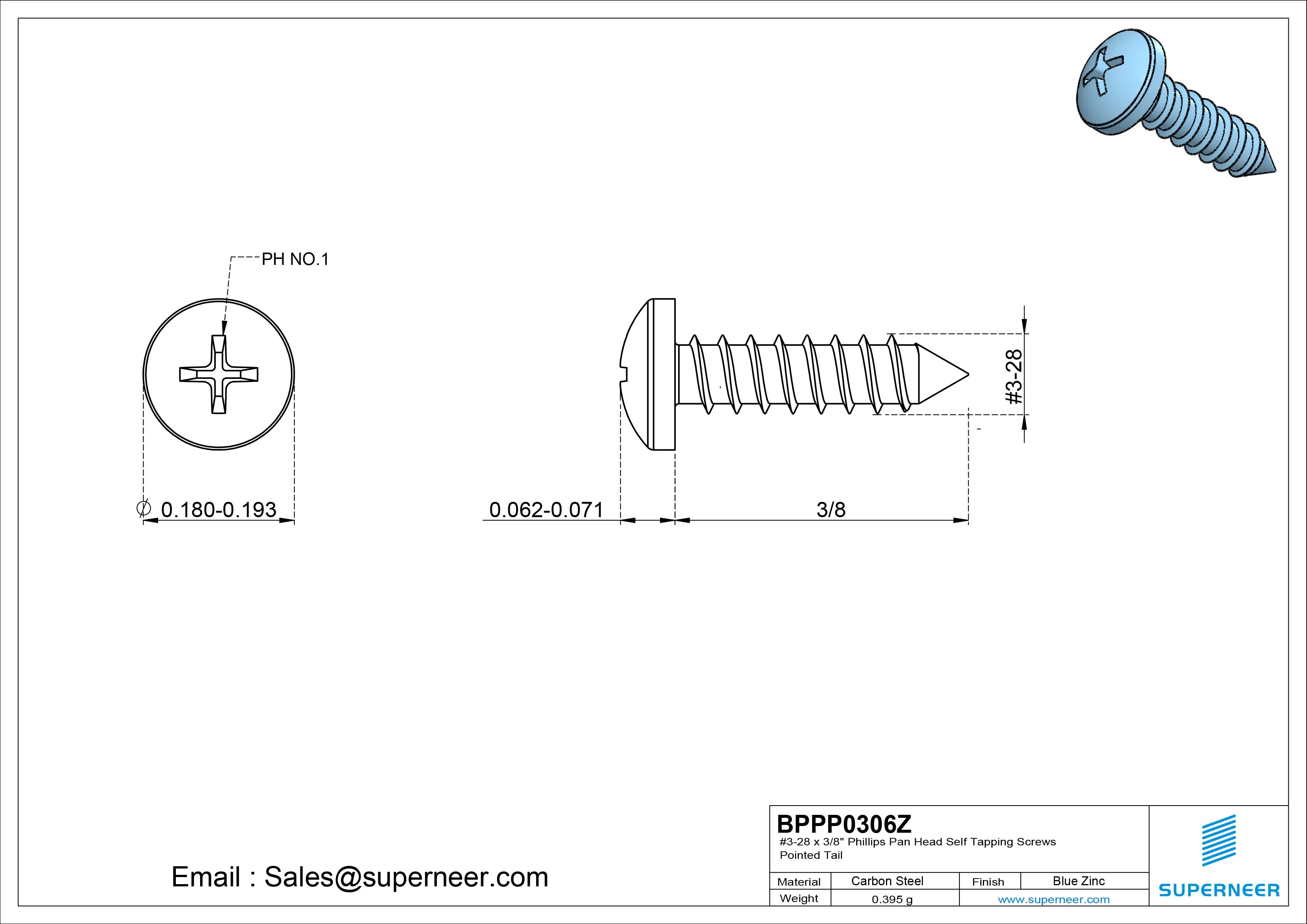 #3-28 x 3/8" Phillips Pan Head Self Tapping Screws Pointed Tail Steel Blue Zinc Plated