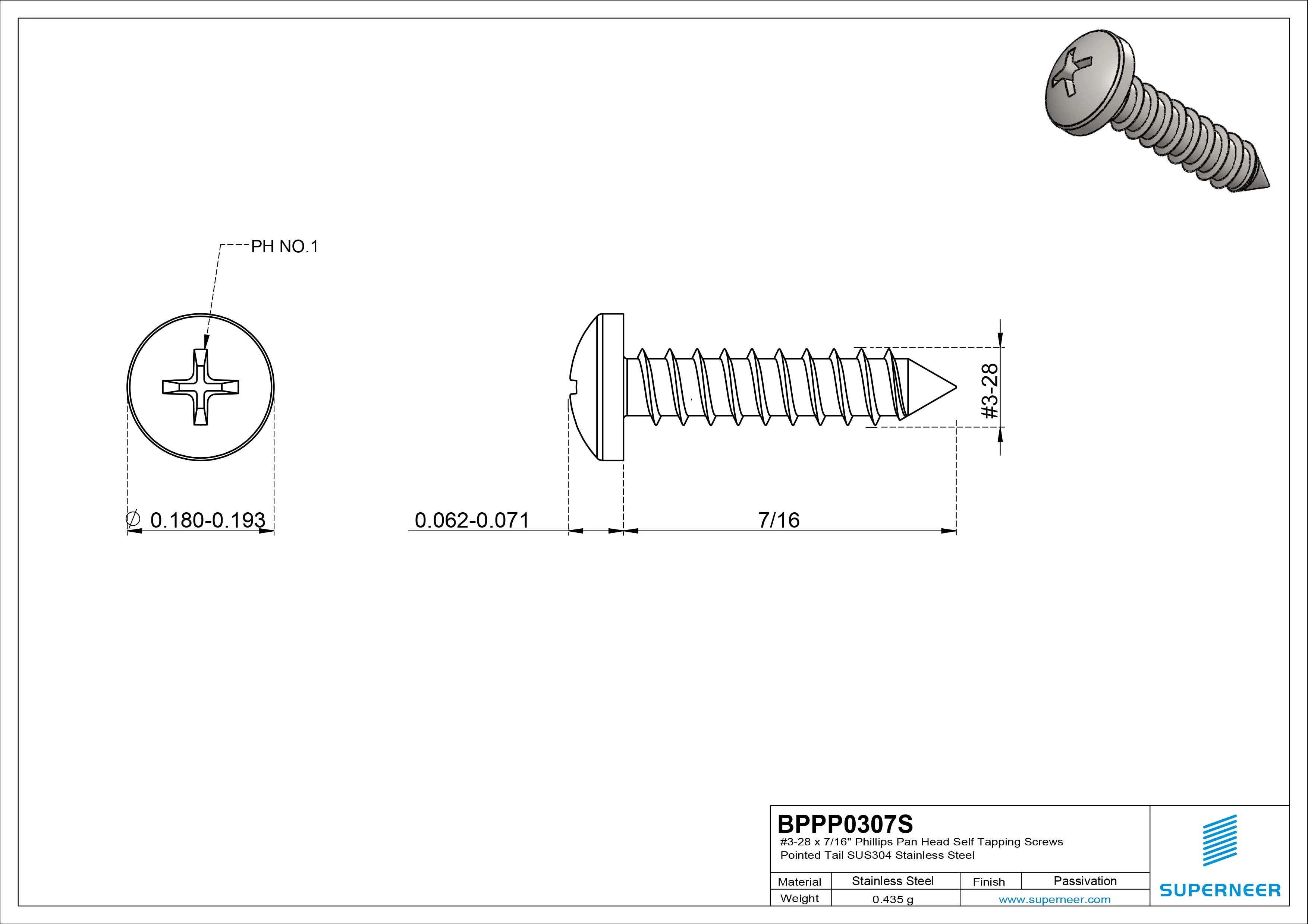 #3-28 x 7/16" Phillips Pan Head Self Tapping Screws Pointed Tail SUS304 Stainless Steel