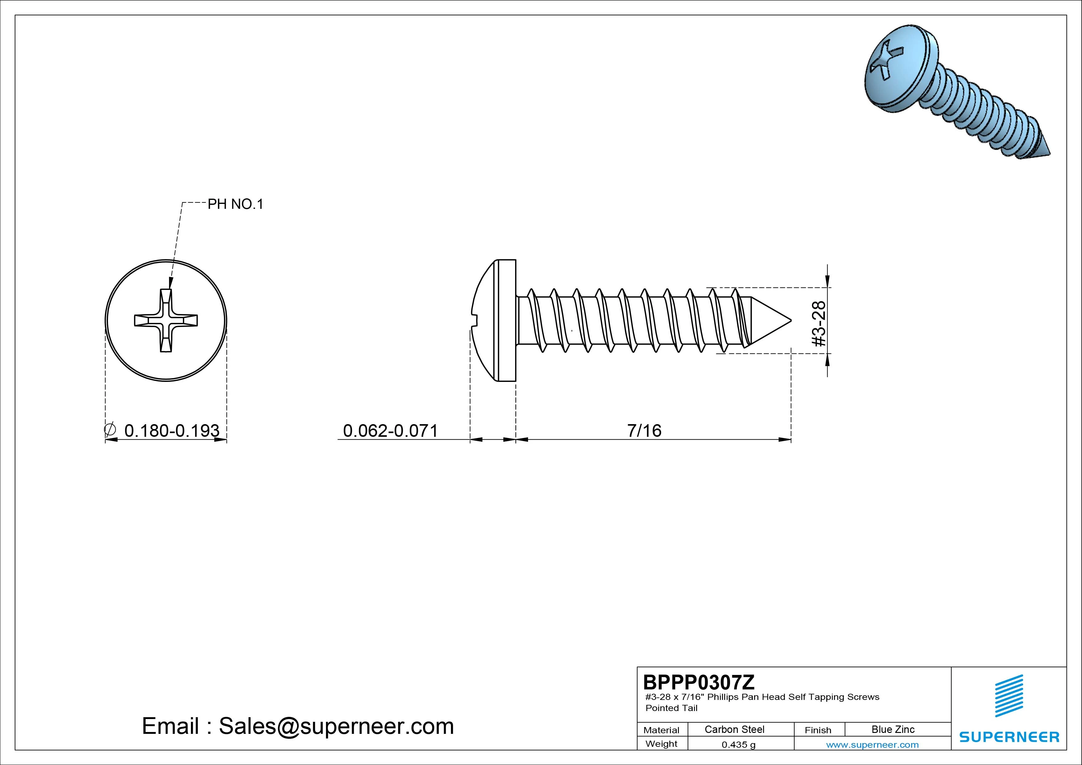 #3-28 x 7/16" Phillips Pan Head Self Tapping Screws Pointed Tail Steel Blue Zinc Plated