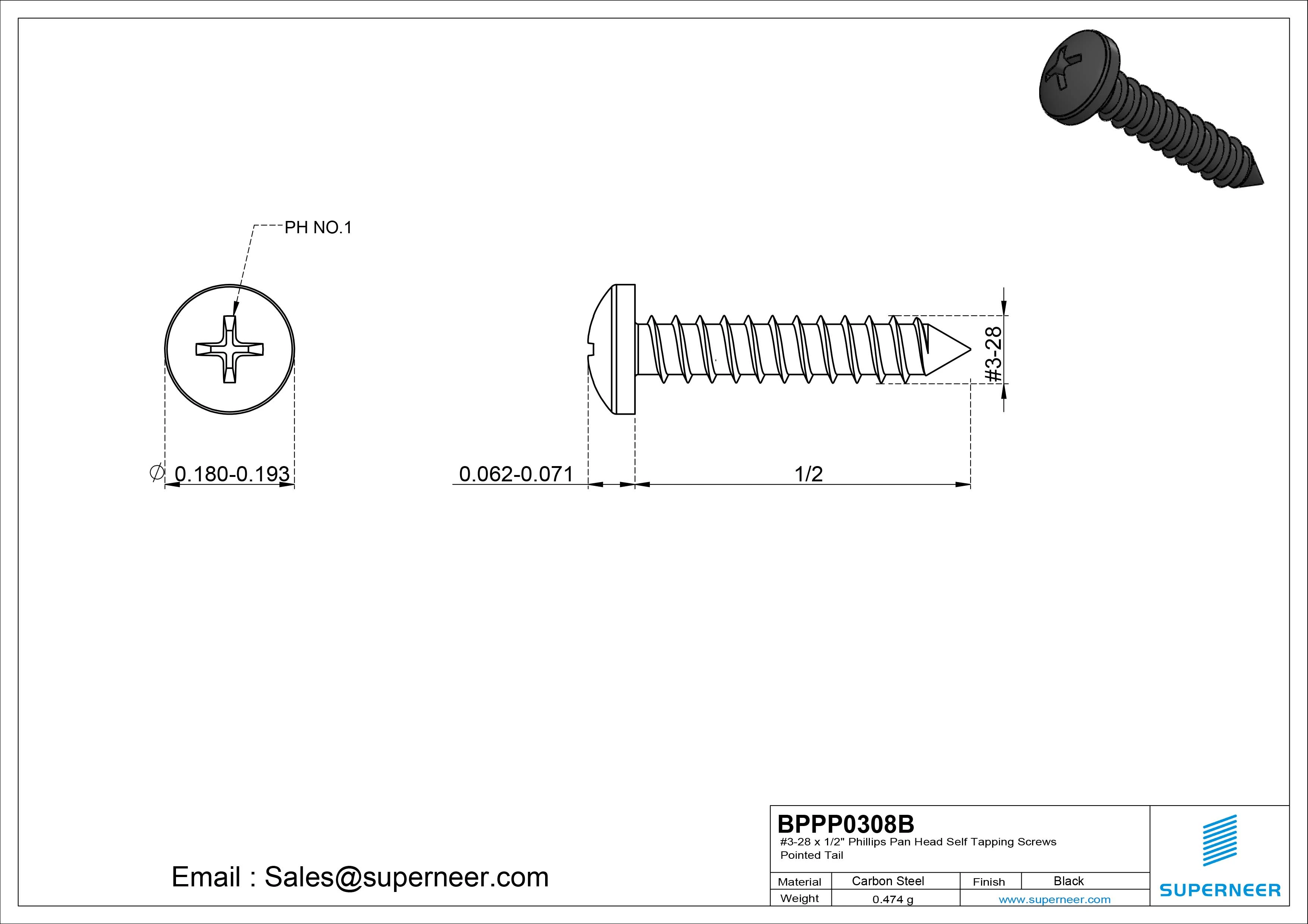 #3-28 x 1/2" Phillips Pan Head Self Tapping Screws Pointed Tail Steel Black Zinc Plated