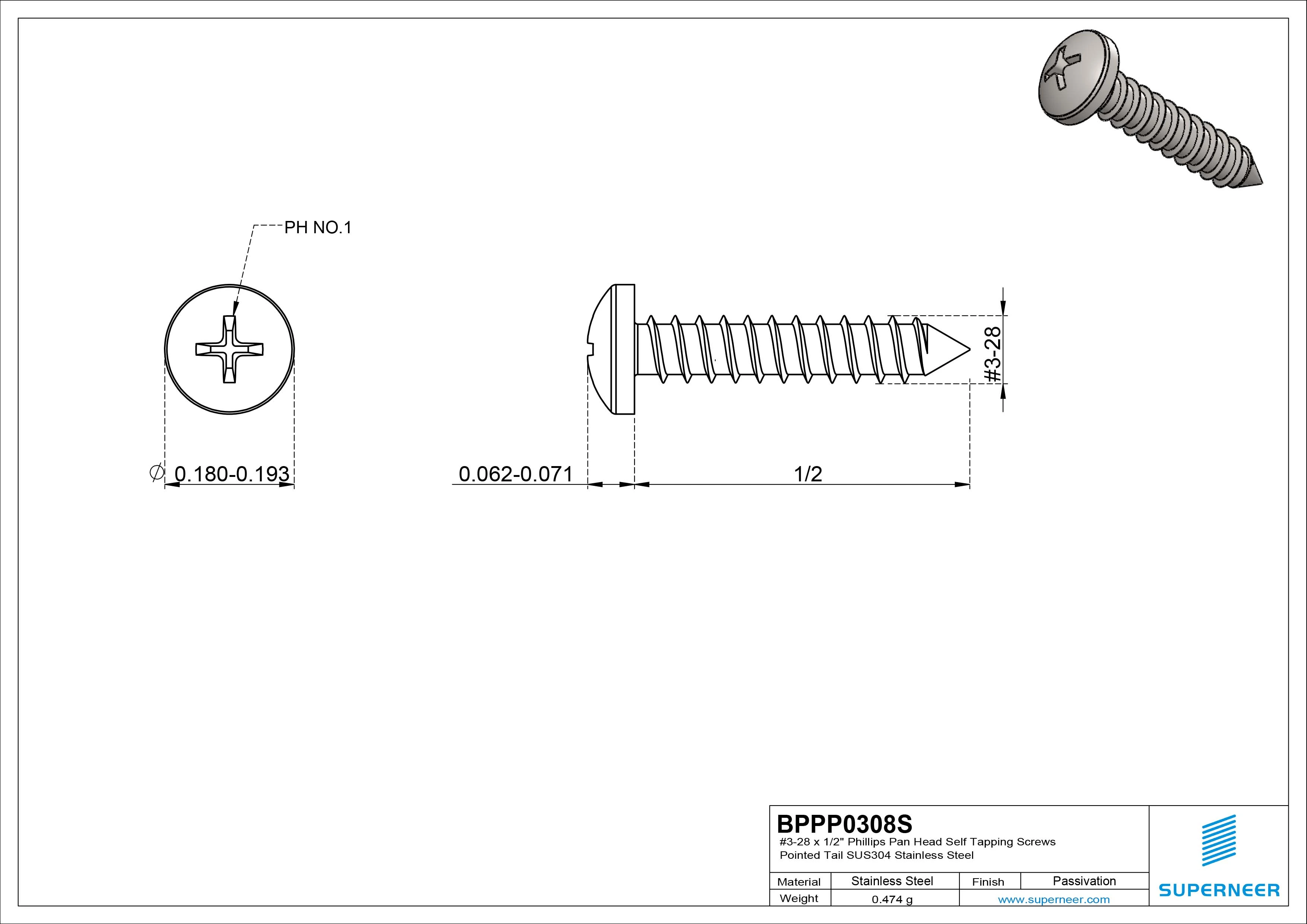 #3-28 x 1/2" Phillips Pan Head Self Tapping Screws Pointed Tail SUS304 Stainless Steel