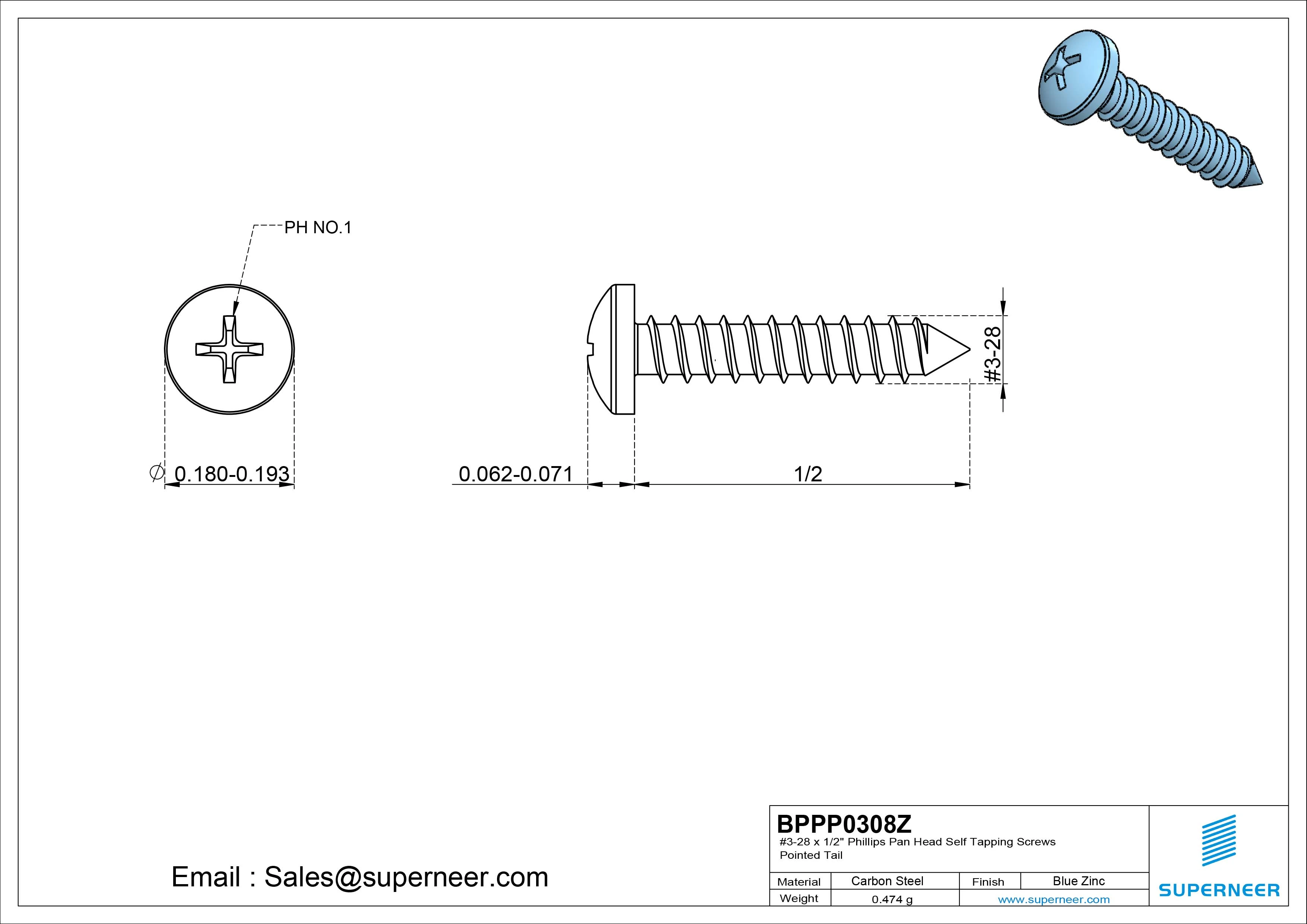 #3-28 x 1/2" Phillips Pan Head Self Tapping Screws Pointed Tail Steel Blue Zinc Plated