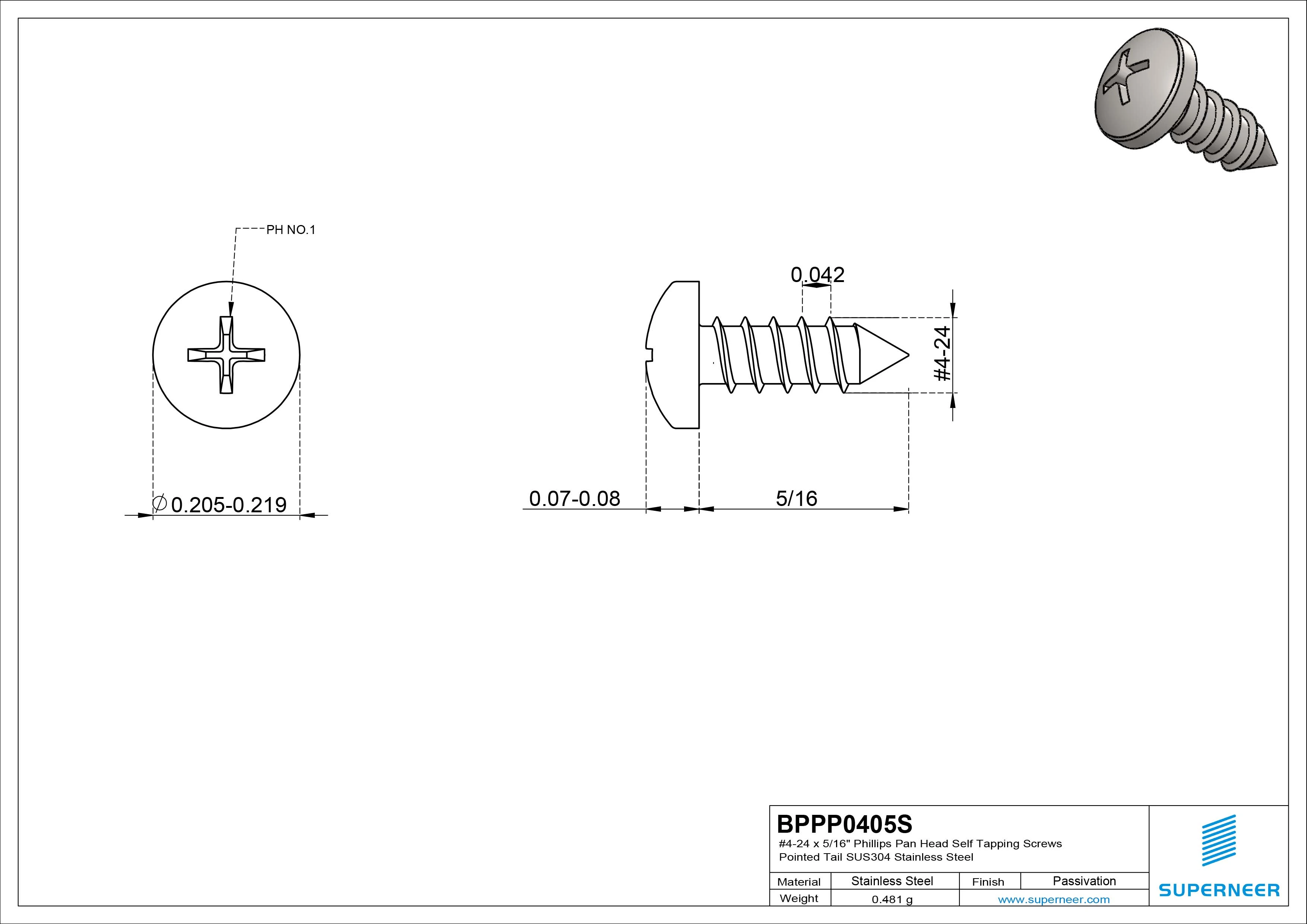 #4-24 x 5/16" Phillips Pan Head Self Tapping Screws Pointed Tail SUS304 Stainless Steel