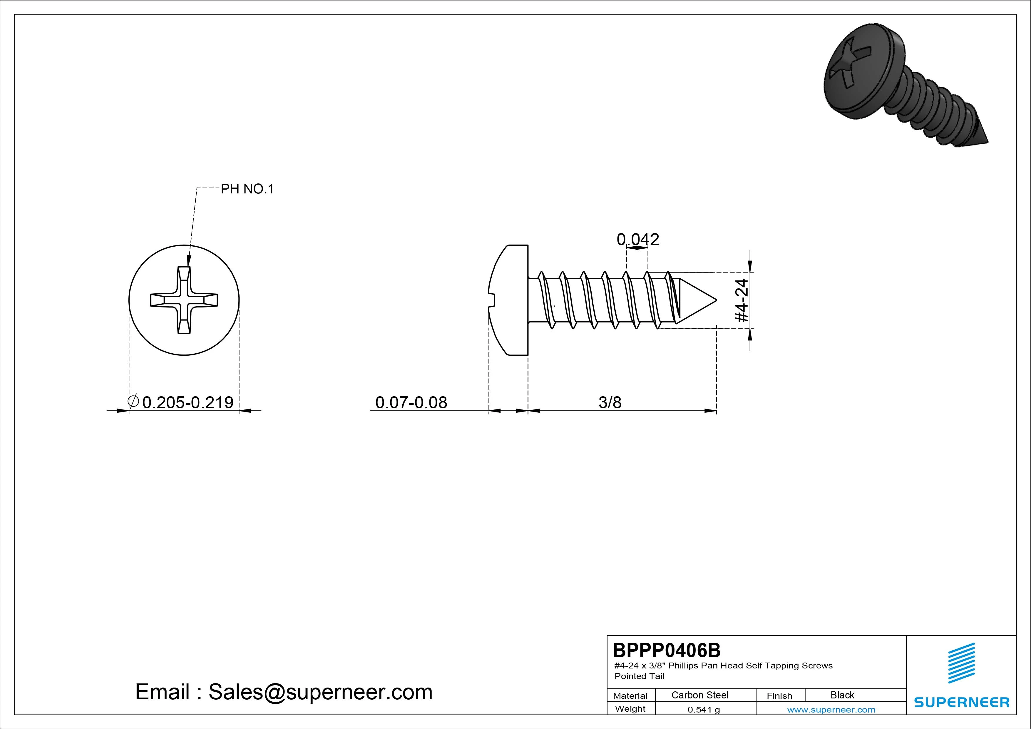#4-24 x 3/8" Phillips Pan Head Self Tapping Screws Pointed Tail Steel Black Zinc Plated