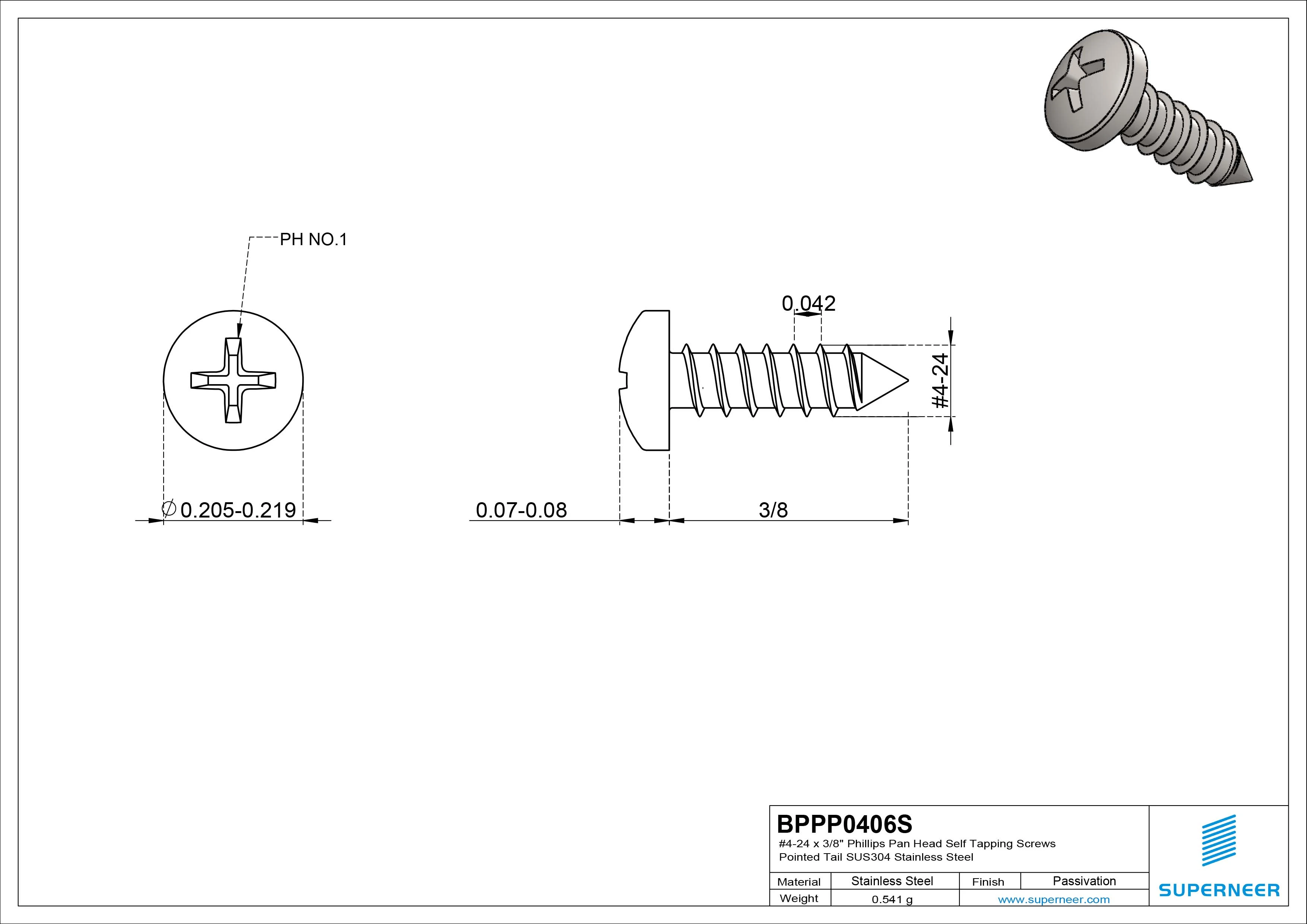 #4-24 x 3/8" Phillips Pan Head Self Tapping Screws Pointed Tail SUS304 Stainless Steel