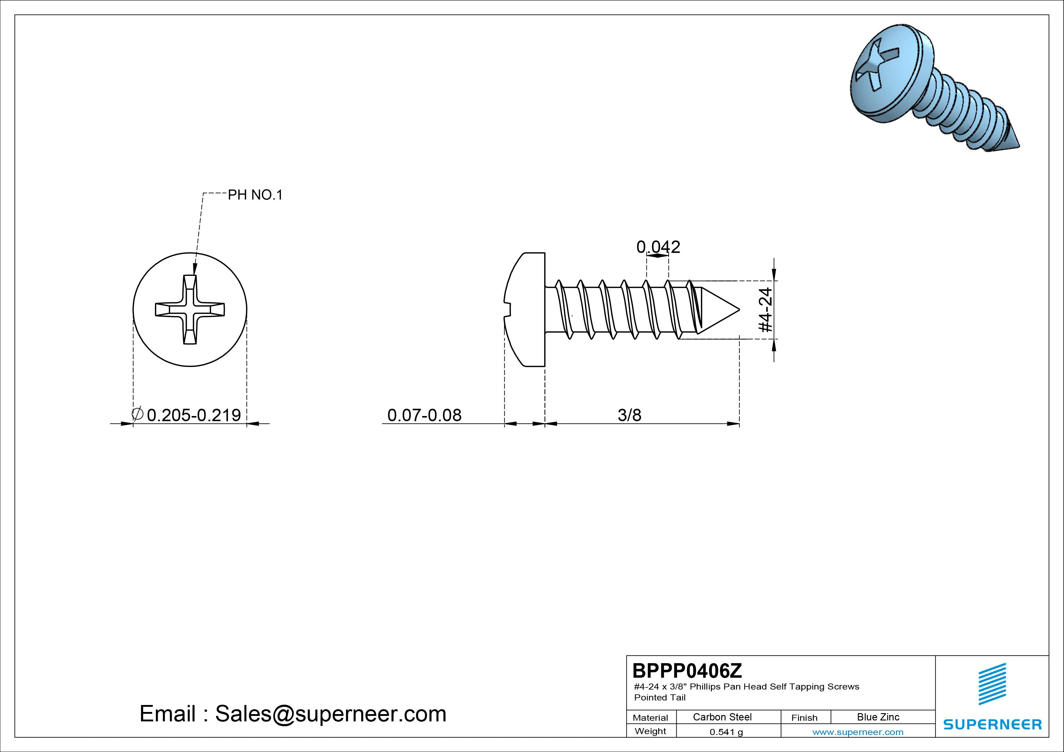 #4-24 x 3/8" Phillips Pan Head Self Tapping Screws Pointed Tail Steel Blue Zinc Plated