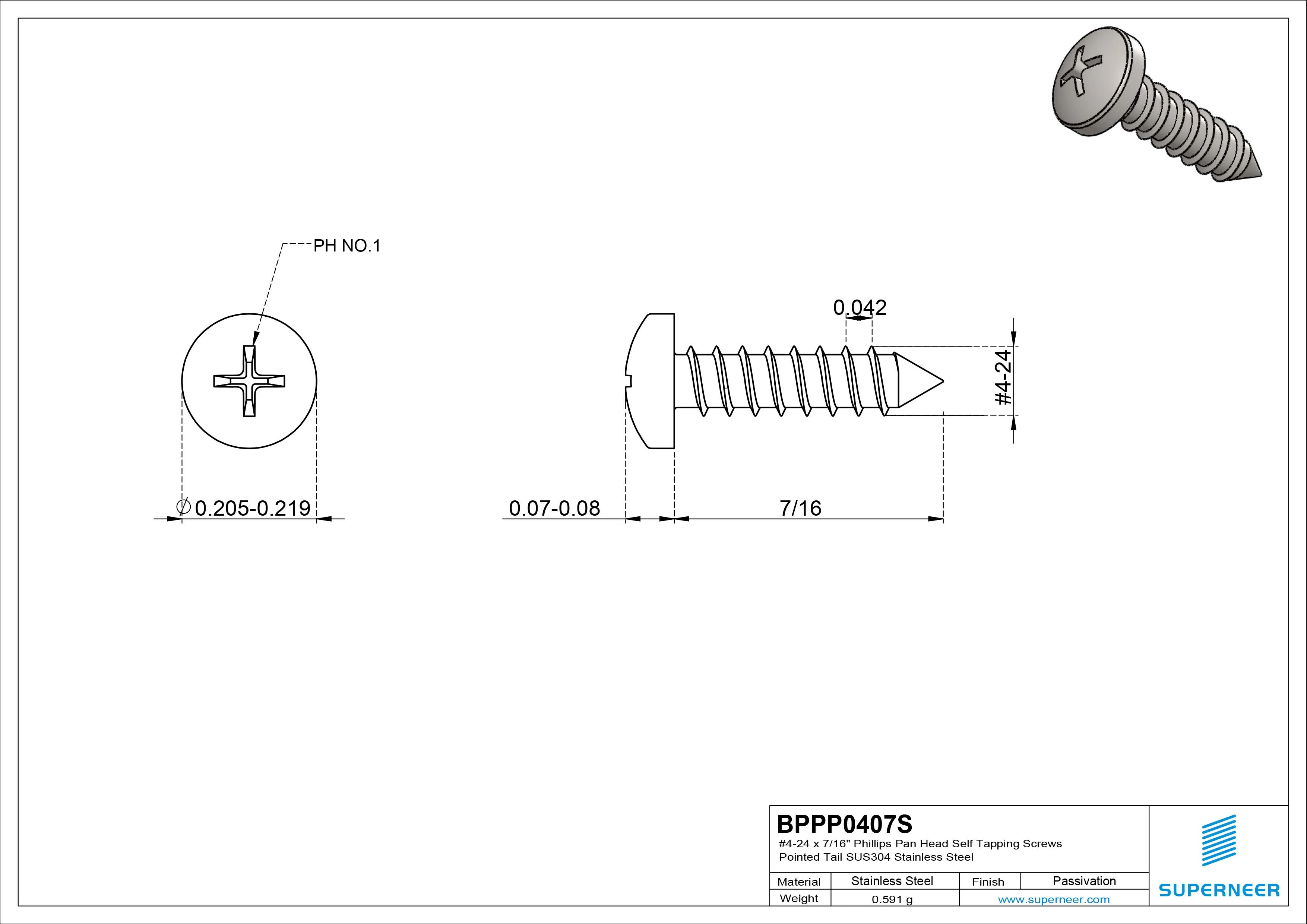 #4-24 x 7/16" Phillips Pan Head Self Tapping Screws Pointed Tail SUS304 Stainless Steel