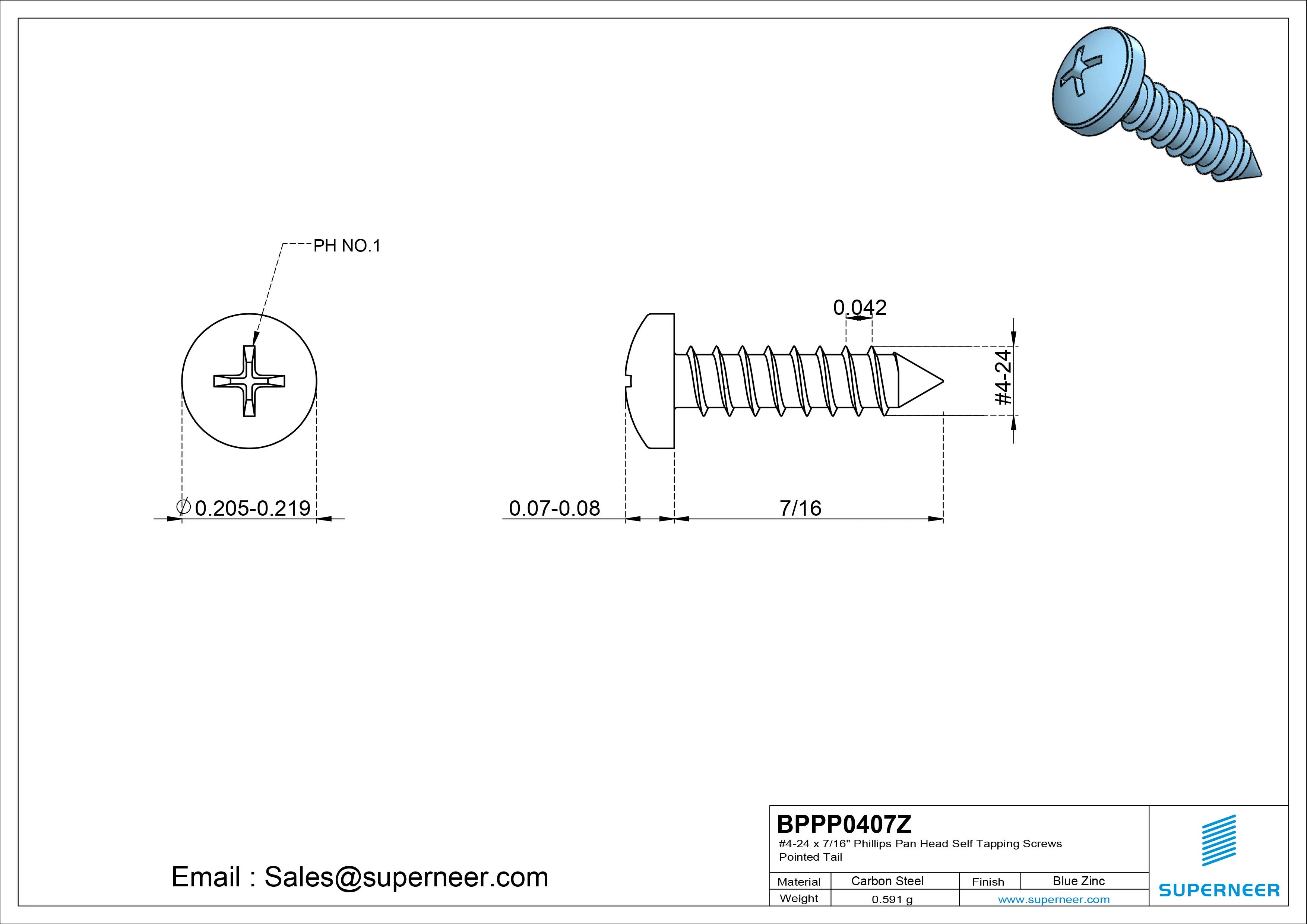#4-24 x 7/16" Phillips Pan Head Self Tapping Screws Pointed Tail Steel Blue Zinc Plated