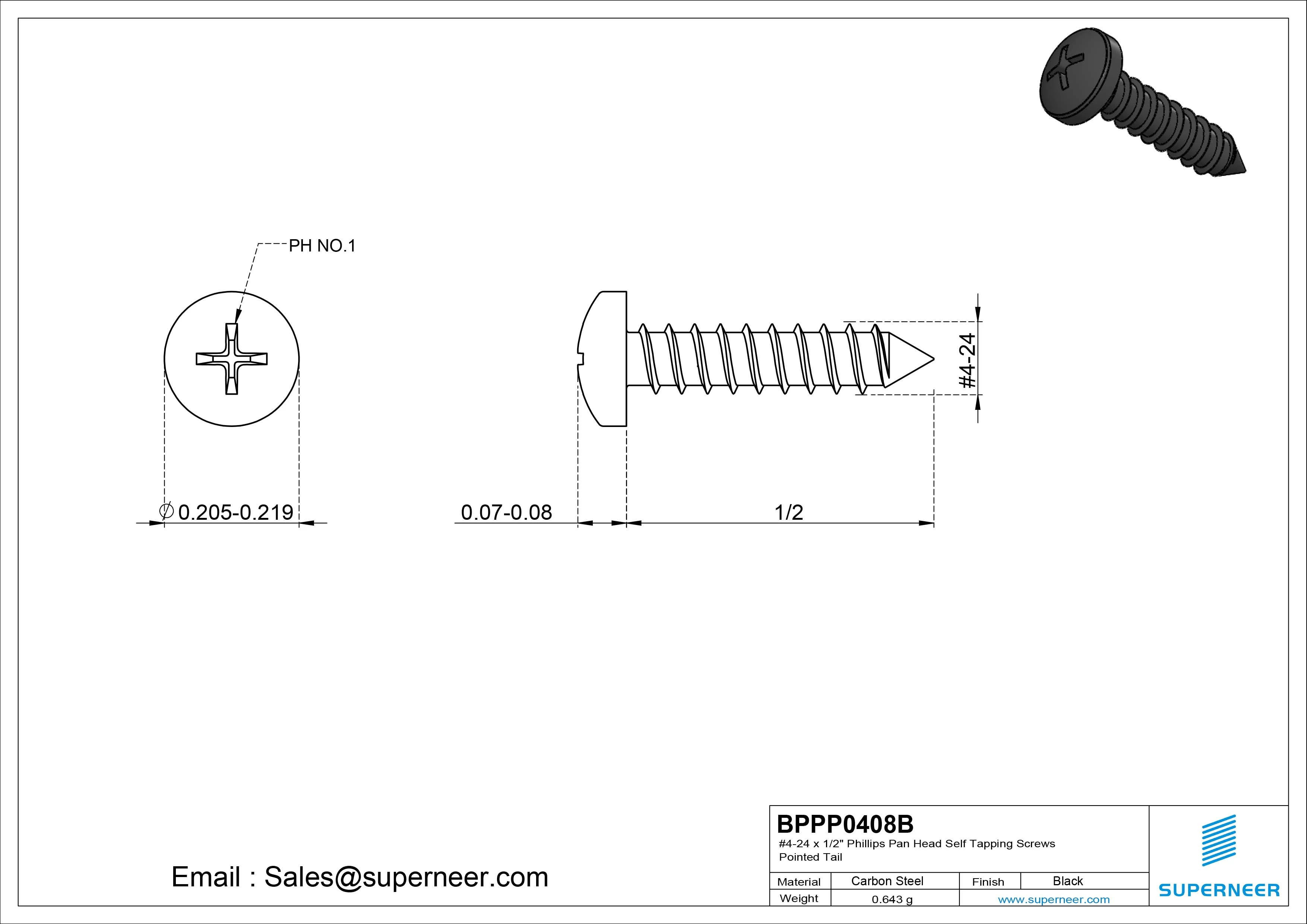 #4-24 x 1/2" Phillips Pan Head Self Tapping Screws Pointed Tail Steel Black Zinc Plated