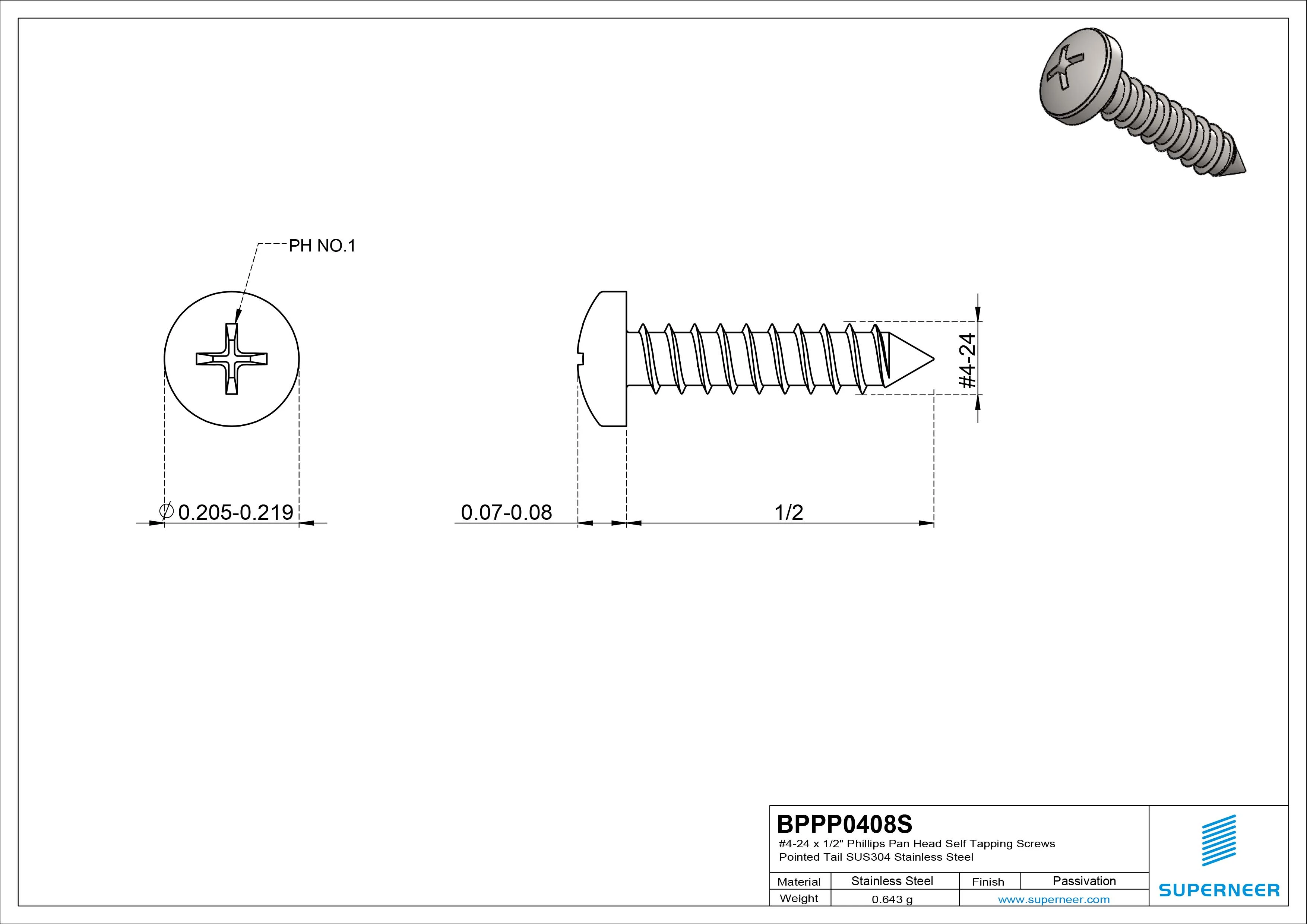 #4-24 x 1/2" Phillips Pan Head Self Tapping Screws Pointed Tail SUS304 Stainless Steel