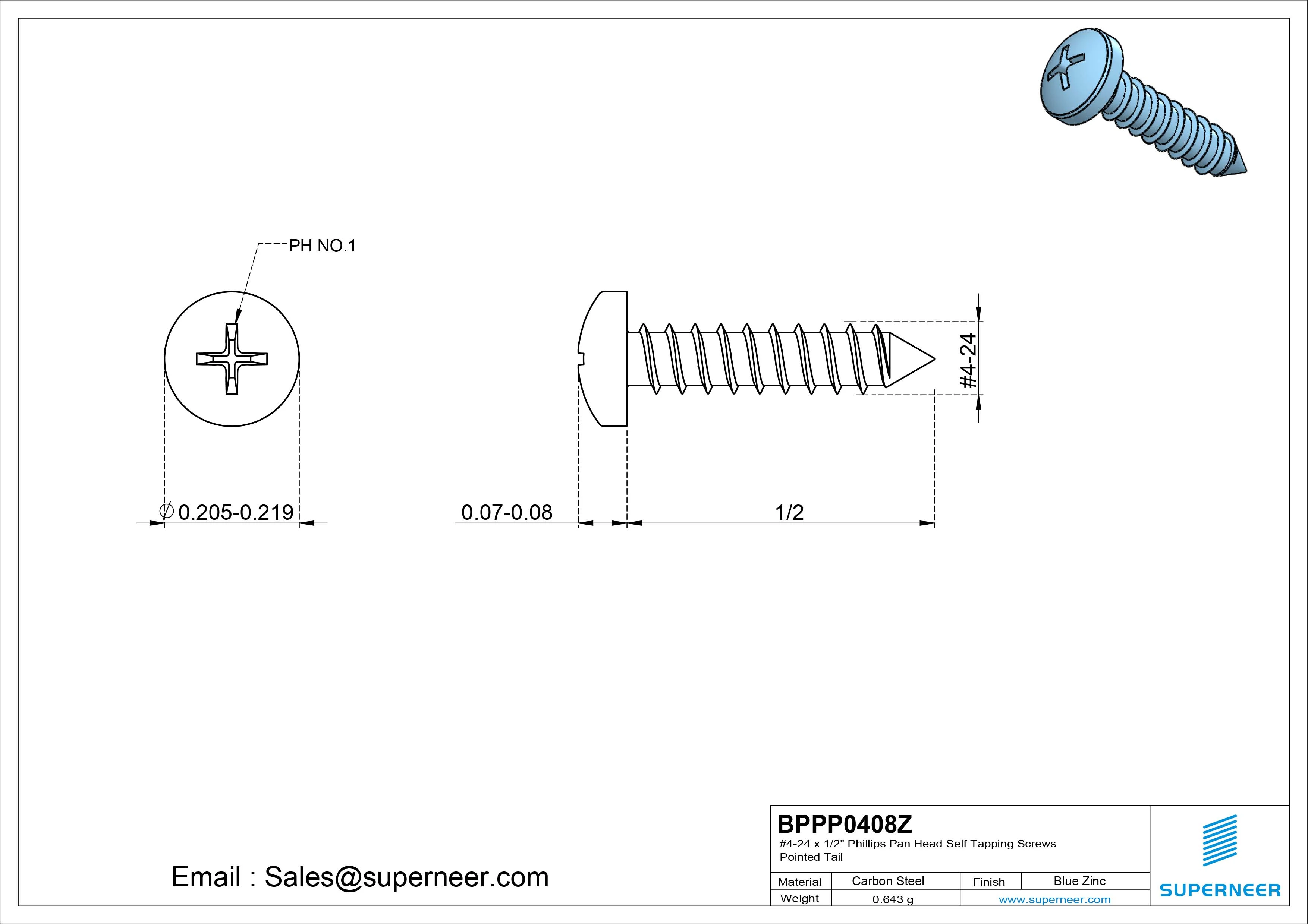 #4-24 x 1/2" Phillips Pan Head Self Tapping Screws Pointed Tail Steel Blue Zinc Plated