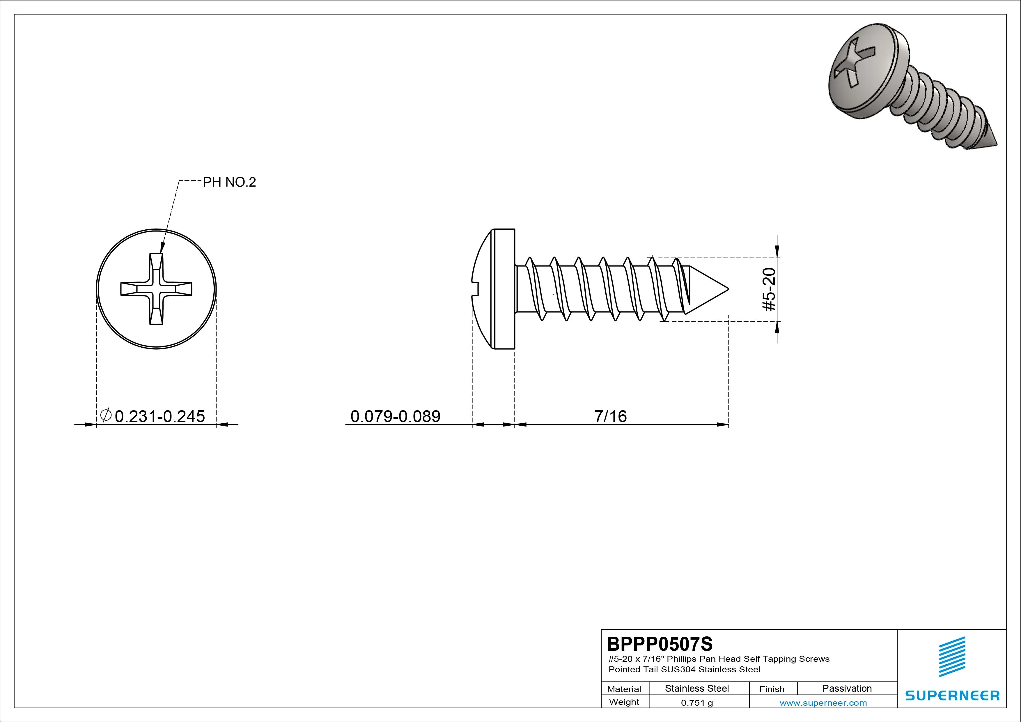 #5-20 x 7/16" Phillips Pan Head Self Tapping Screws Pointed Tail SUS304 Stainless Steel