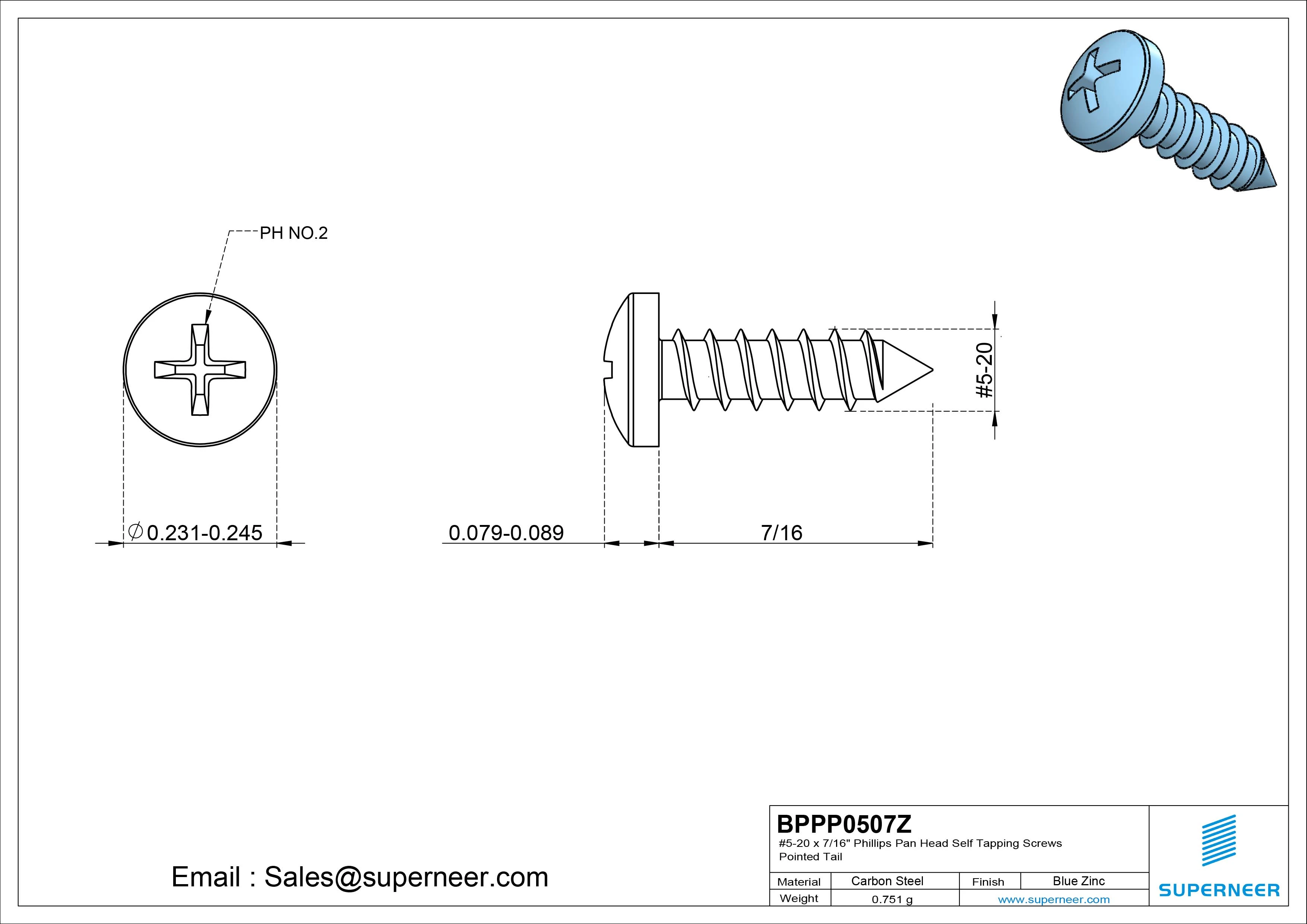 #5-20 x 7/16" Phillips Pan Head Self Tapping Screws Pointed Tail Steel Blue Zinc Plated