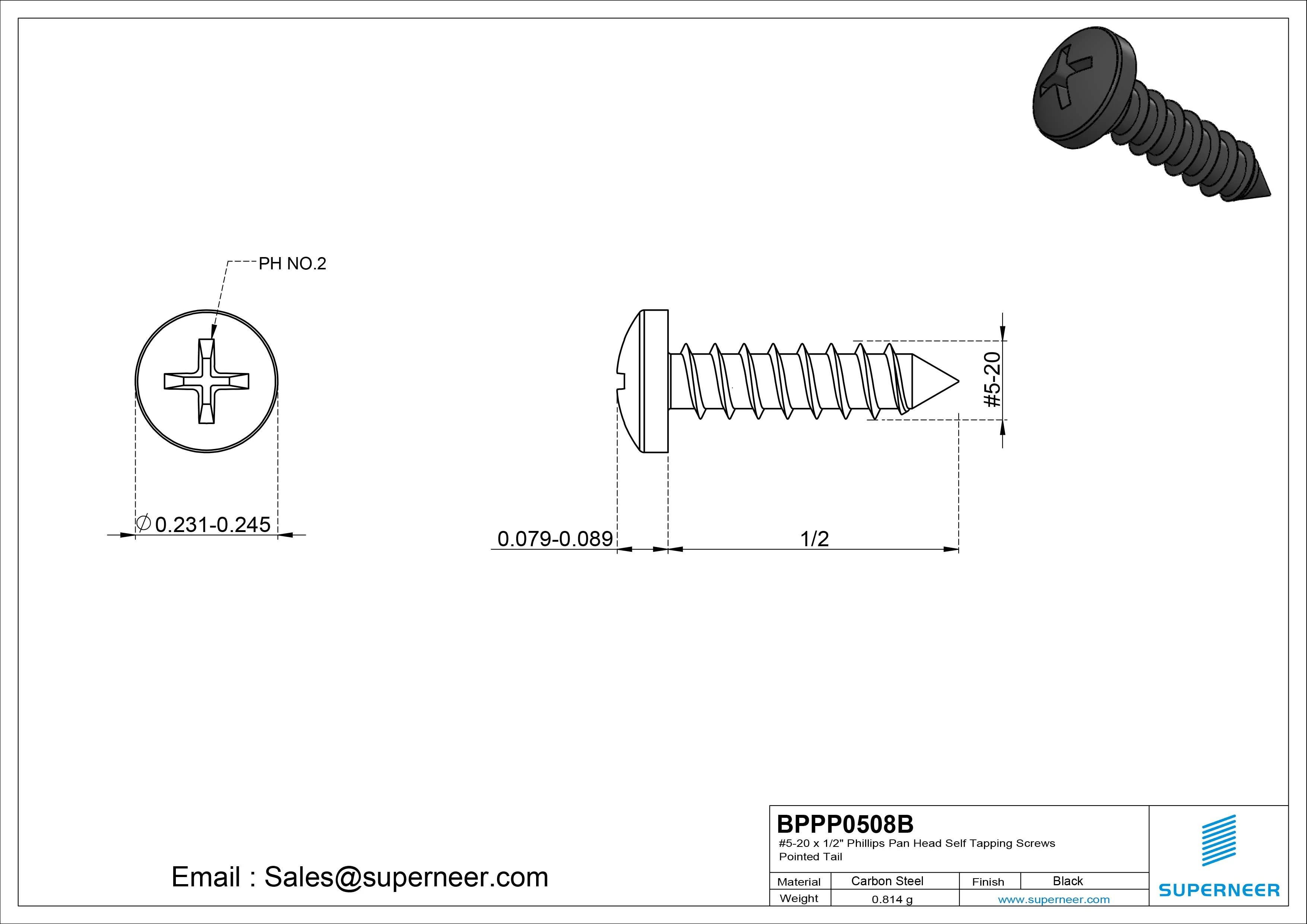 #5-20 x 1/2" Phillips Pan Head Self Tapping Screws Pointed Tail Steel Black Zinc Plated