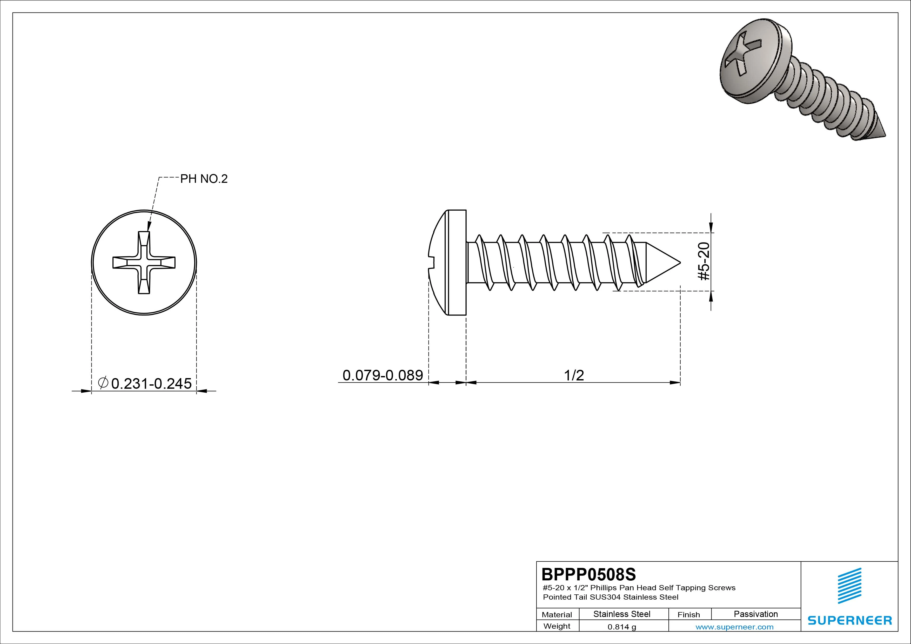 #5-20 x 1/2" Phillips Pan Head Self Tapping Screws Pointed Tail SUS304 Stainless Steel