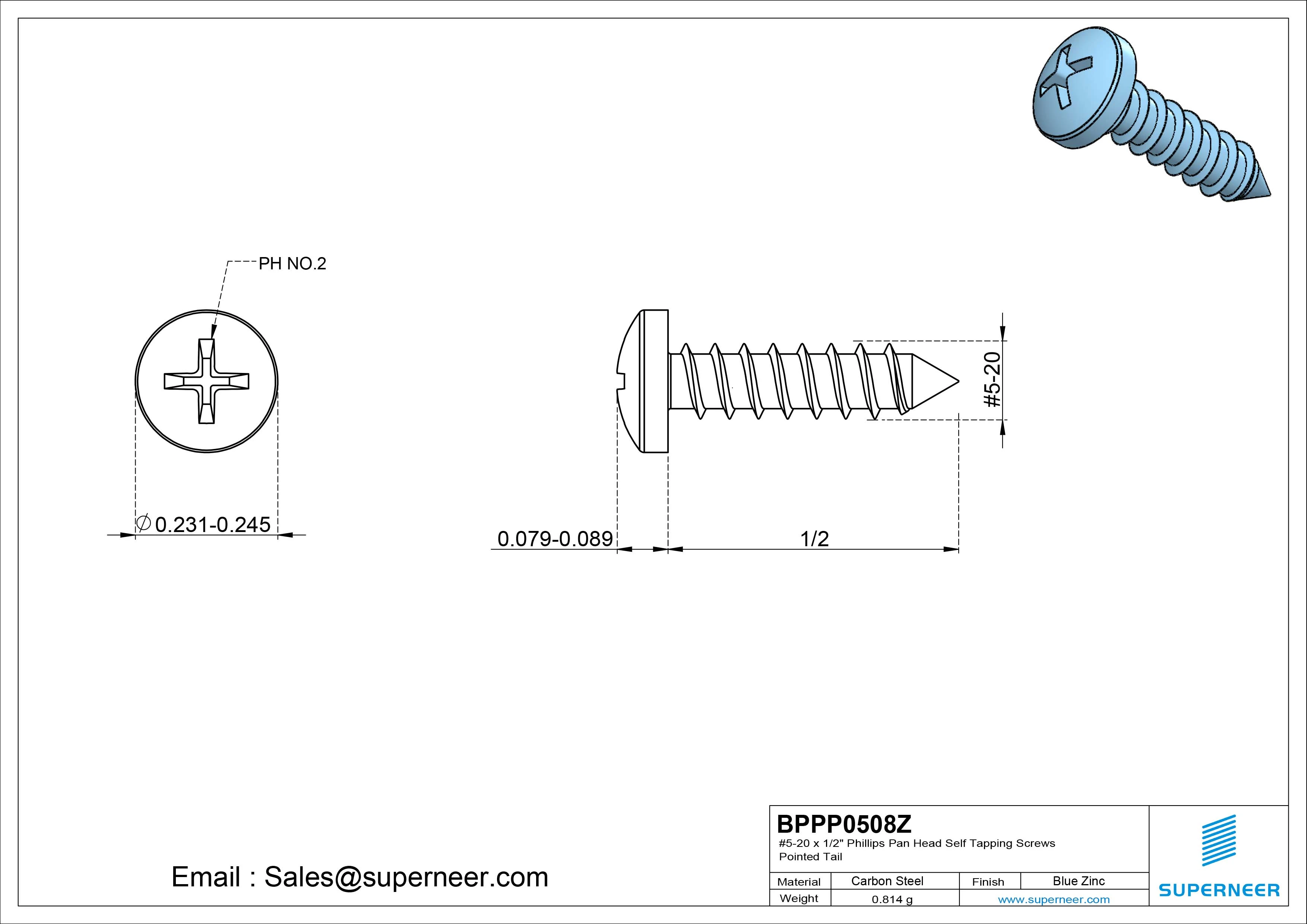 #5-20 x 1/2" Phillips Pan Head Self Tapping Screws Pointed Tail Steel Blue Zinc Plated