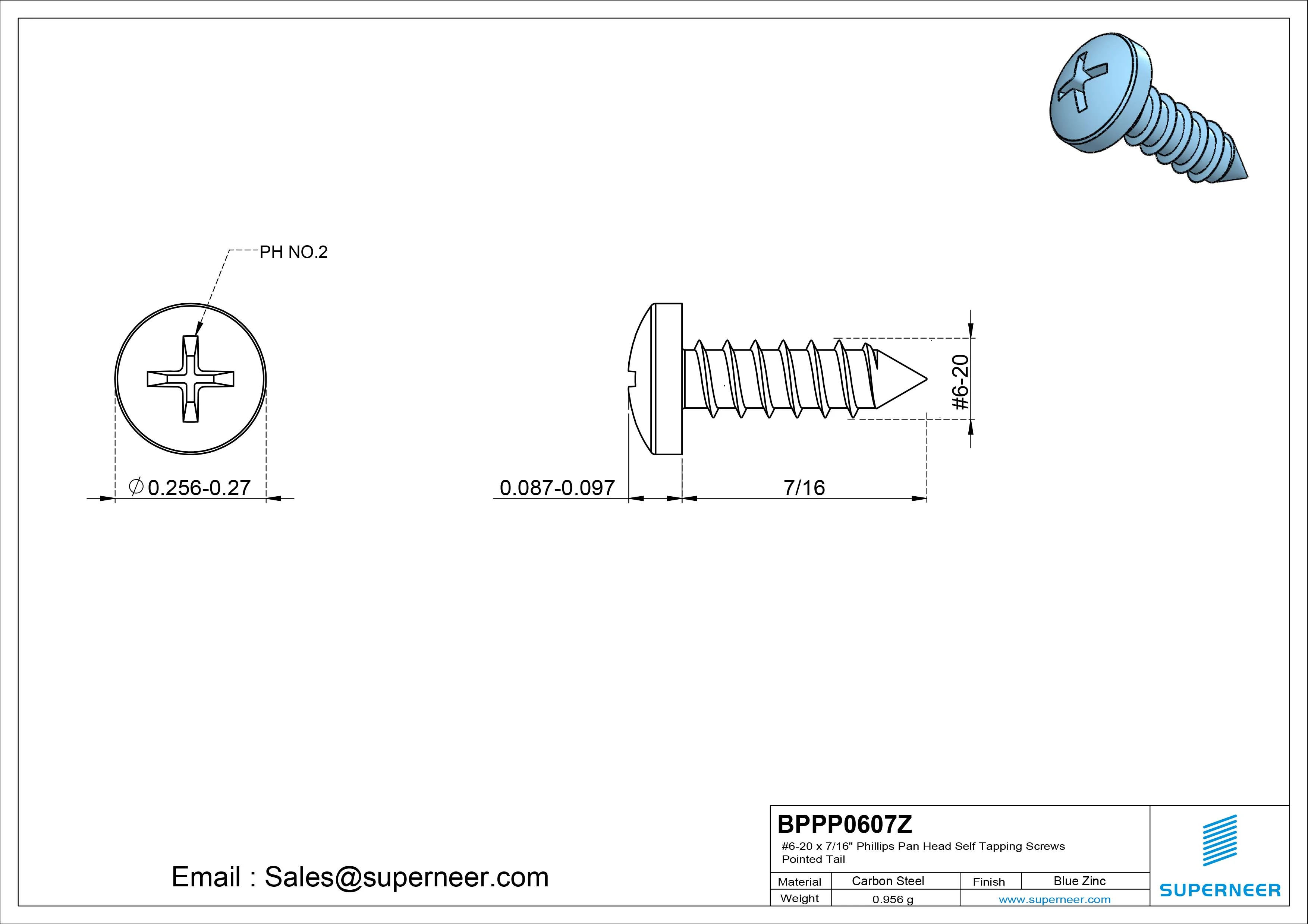 #6-20 x 7/16" Phillips Pan Head Self Tapping Screws Pointed Tail Steel Blue Zinc Plated