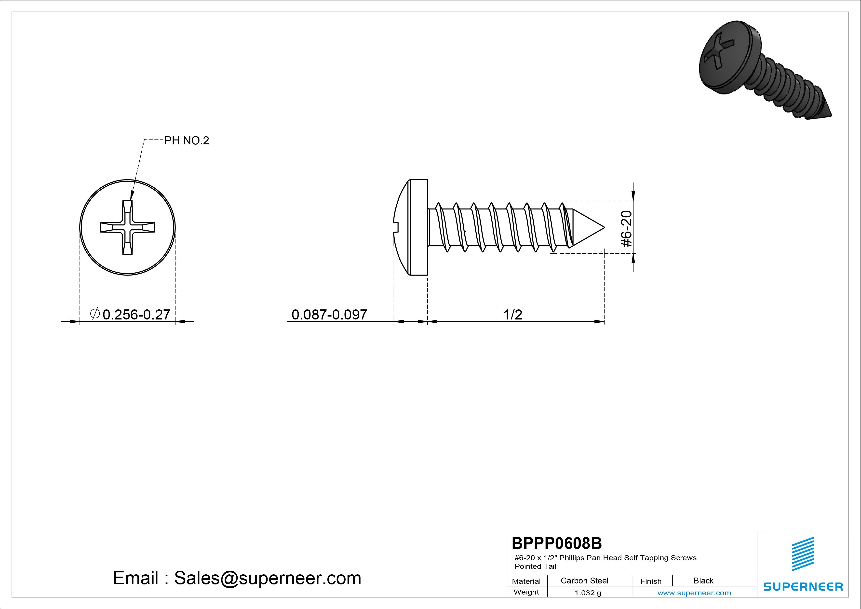 #6-20 x 1/2" Phillips Pan Head Self Tapping Screws Pointed Tail Steel Black Zinc Plated