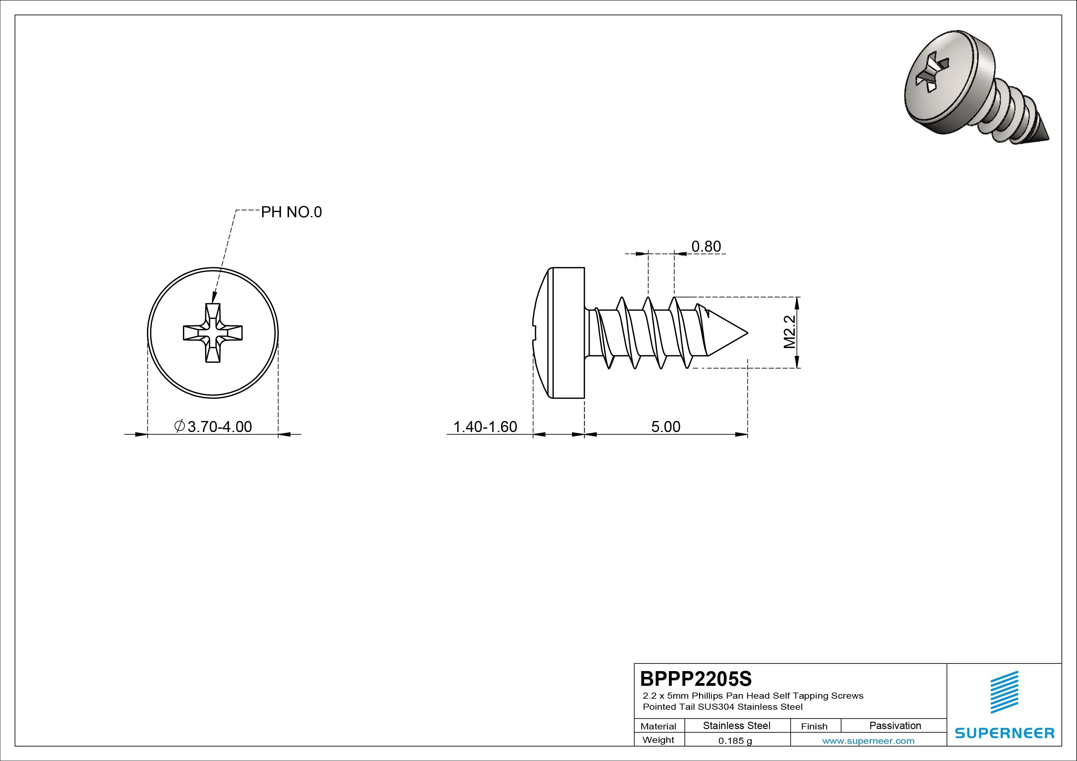 2.2 x 5mm Phillips Pan Head Self Tapping Screws Pointed Tail SUS304 Stainless Steel