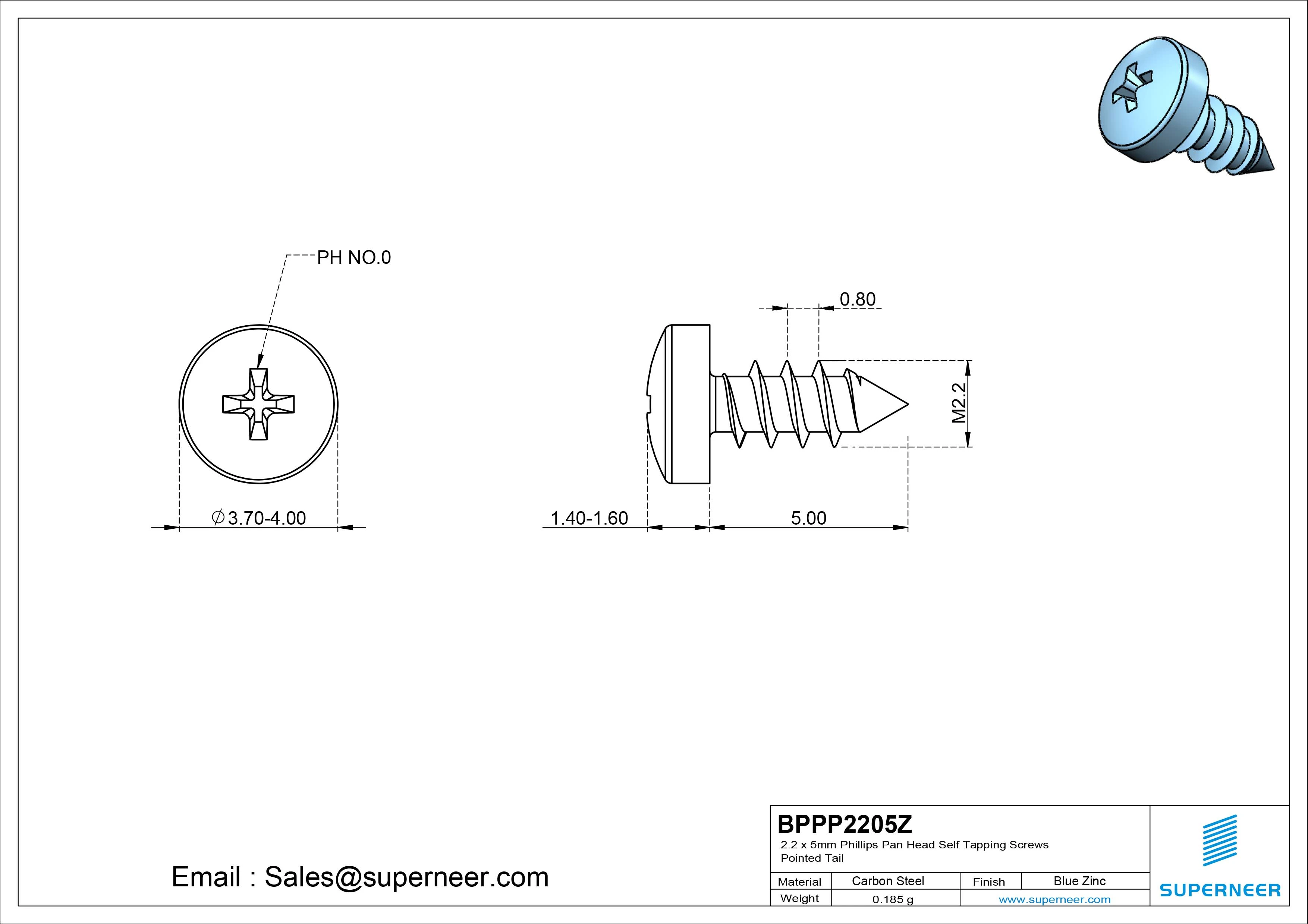 2.2 x 5mm Phillips Pan Head Self Tapping Screws Pointed Tail Steel Blue Zinc Plated
