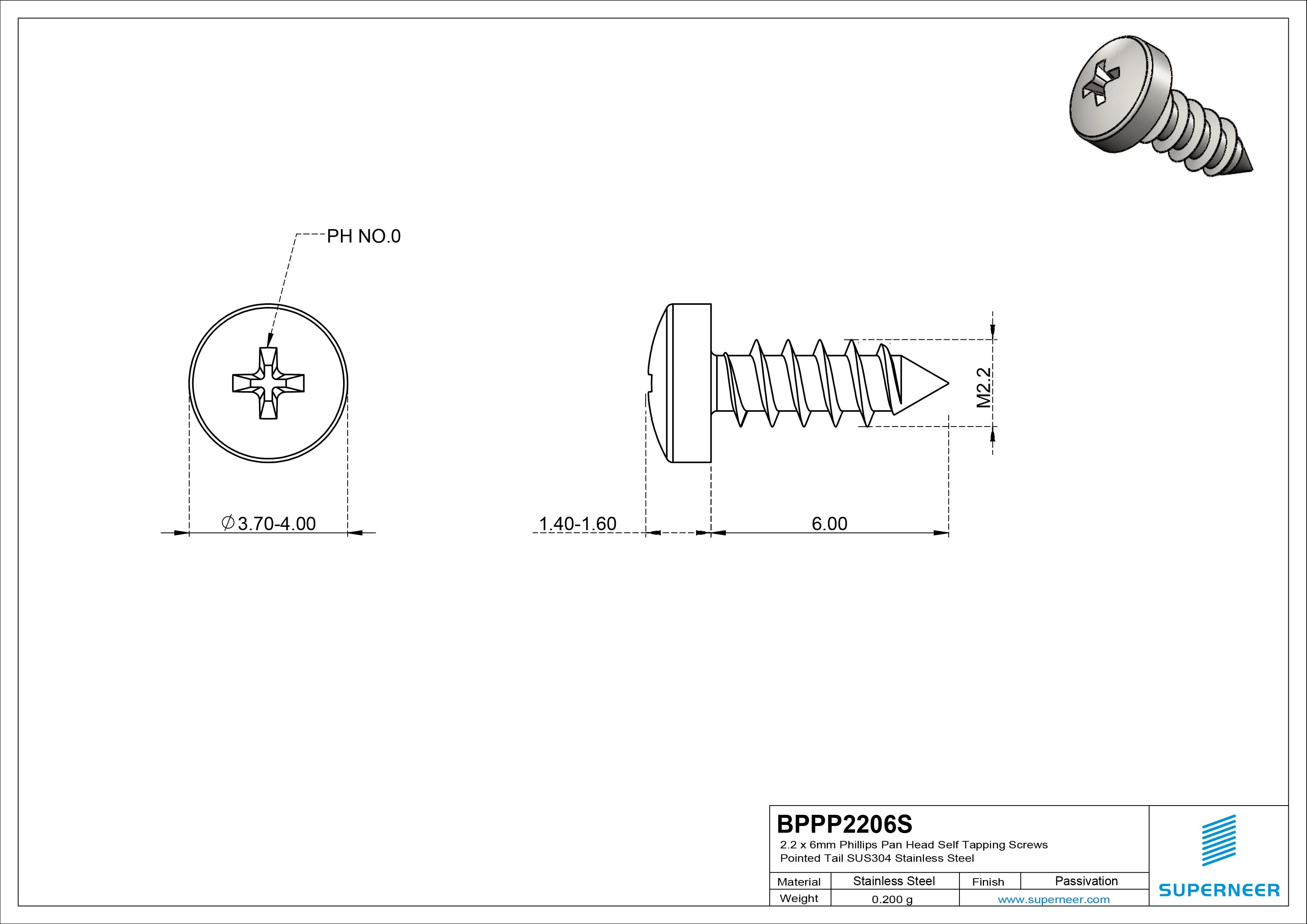 2.2 x 6mm Phillips Pan Head Self Tapping Screws Pointed Tail SUS304 Stainless Steel