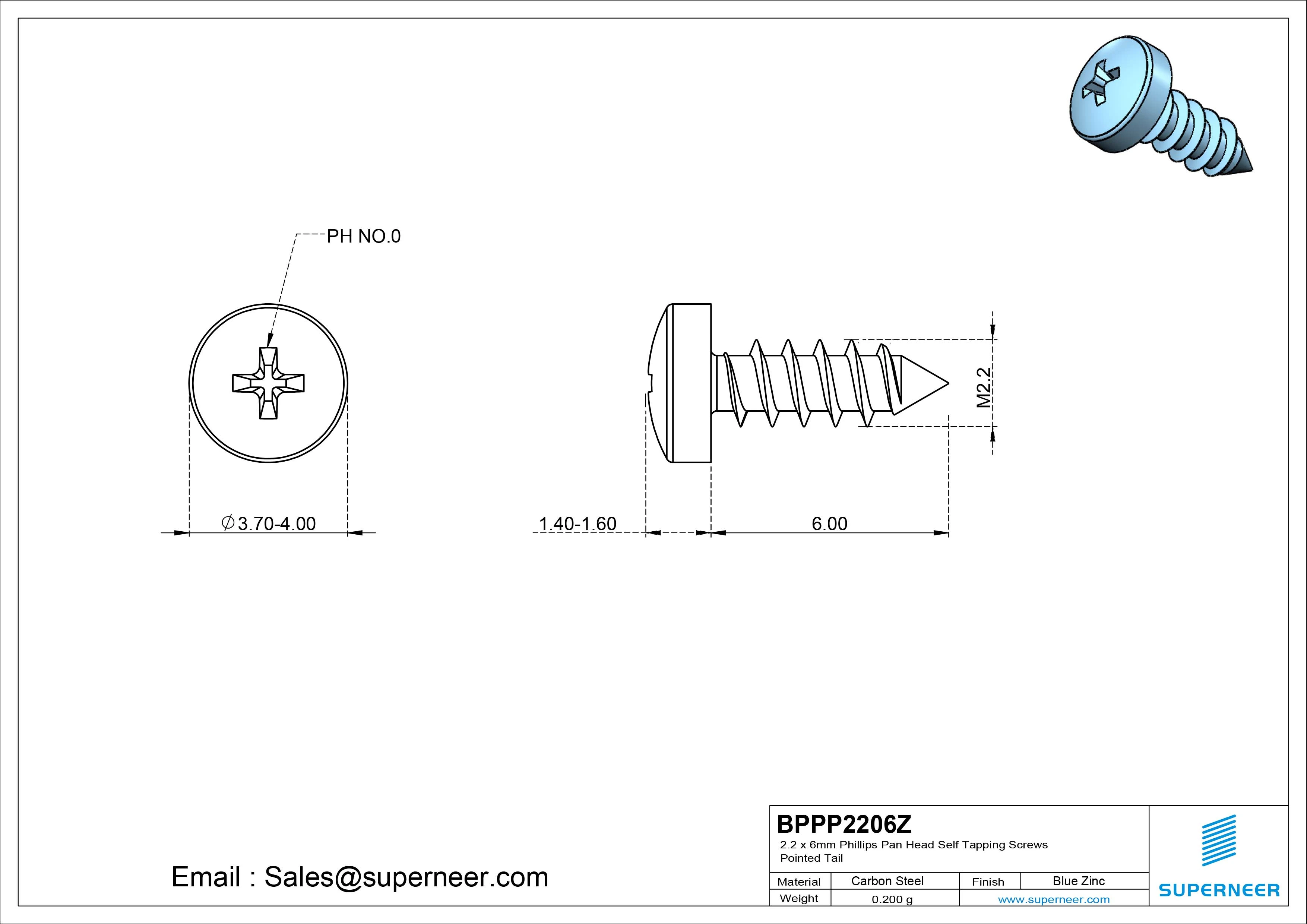 2.2 x 6mm Phillips Pan Head Self Tapping Screws Pointed Tail Steel Blue Zinc Plated
