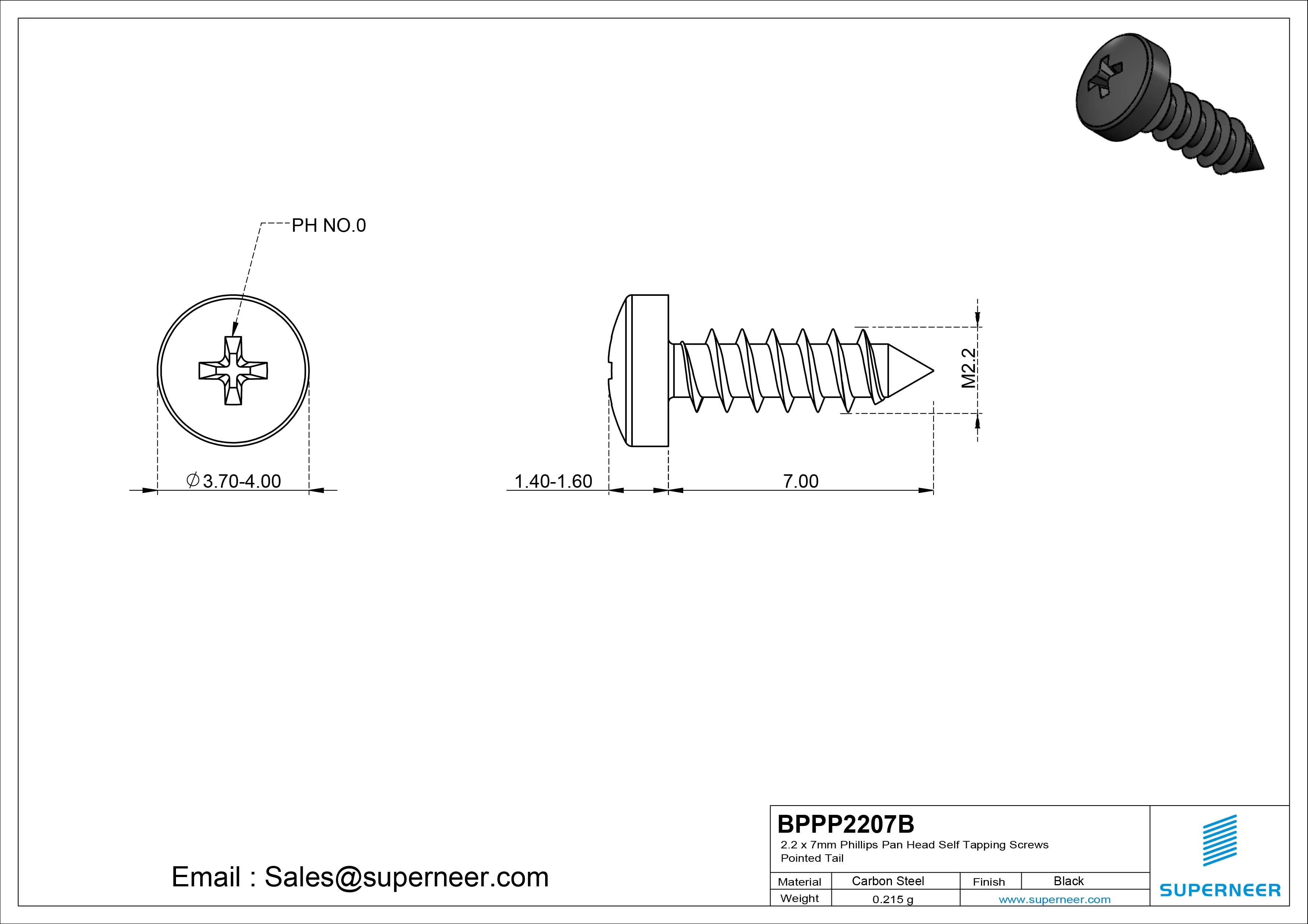 2.2 x 7mm Phillips Pan Head Self Tapping Screws Pointed Tail Steel Black Zinc Plated