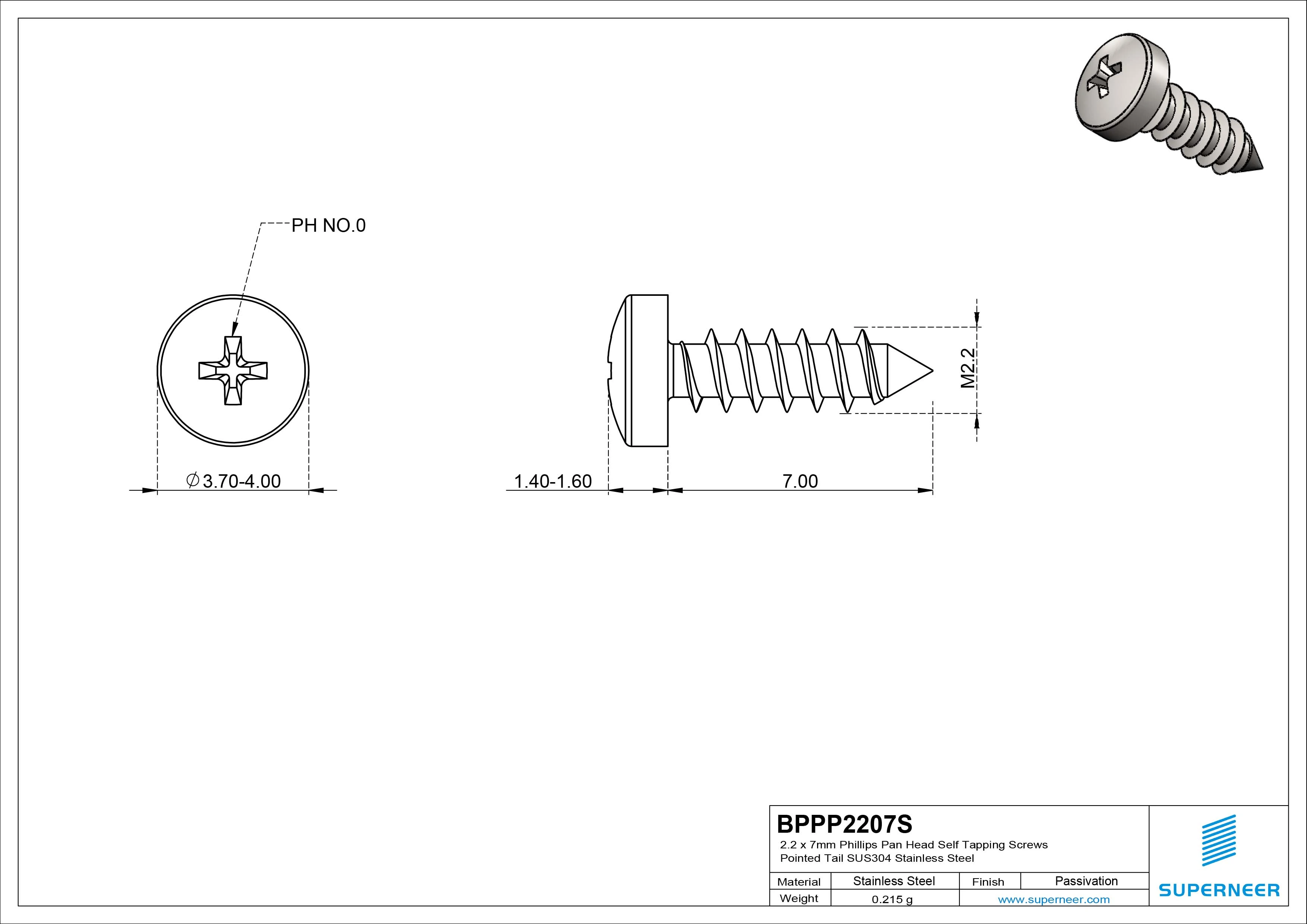 2.2 x 7mm Phillips Pan Head Self Tapping Screws Pointed Tail SUS304 Stainless Steel