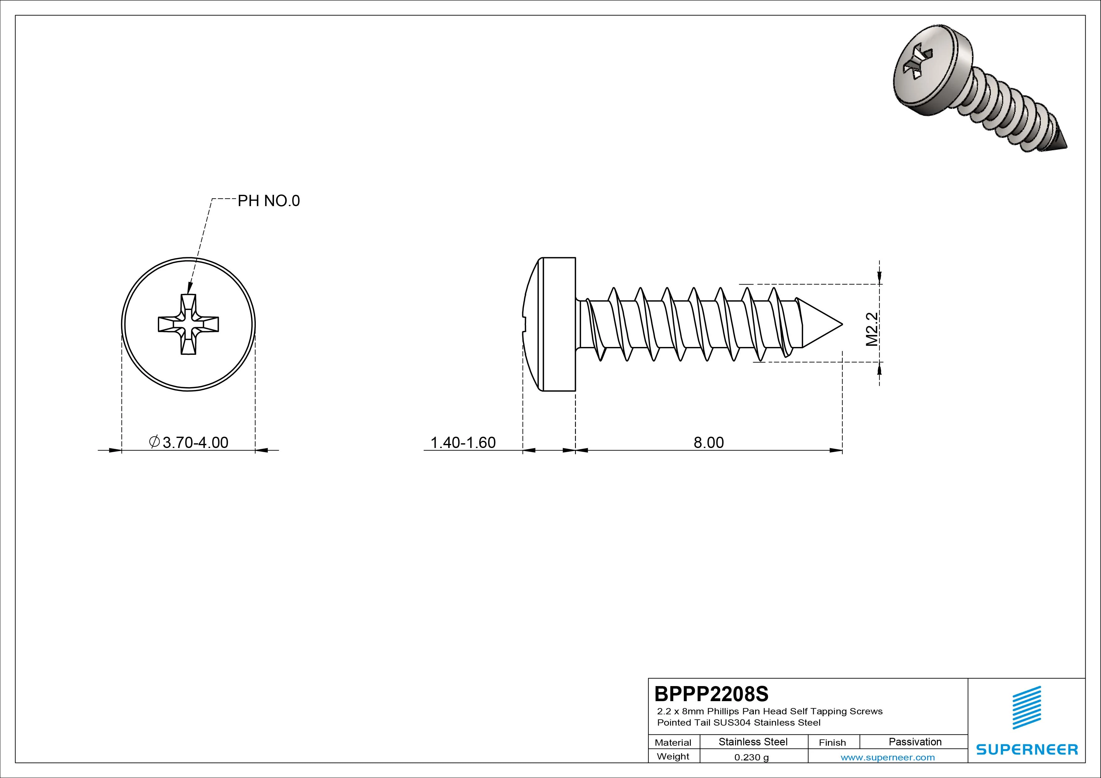 2.2 x 8mm Phillips Pan Head Self Tapping Screws Pointed Tail SUS304 Stainless Steel