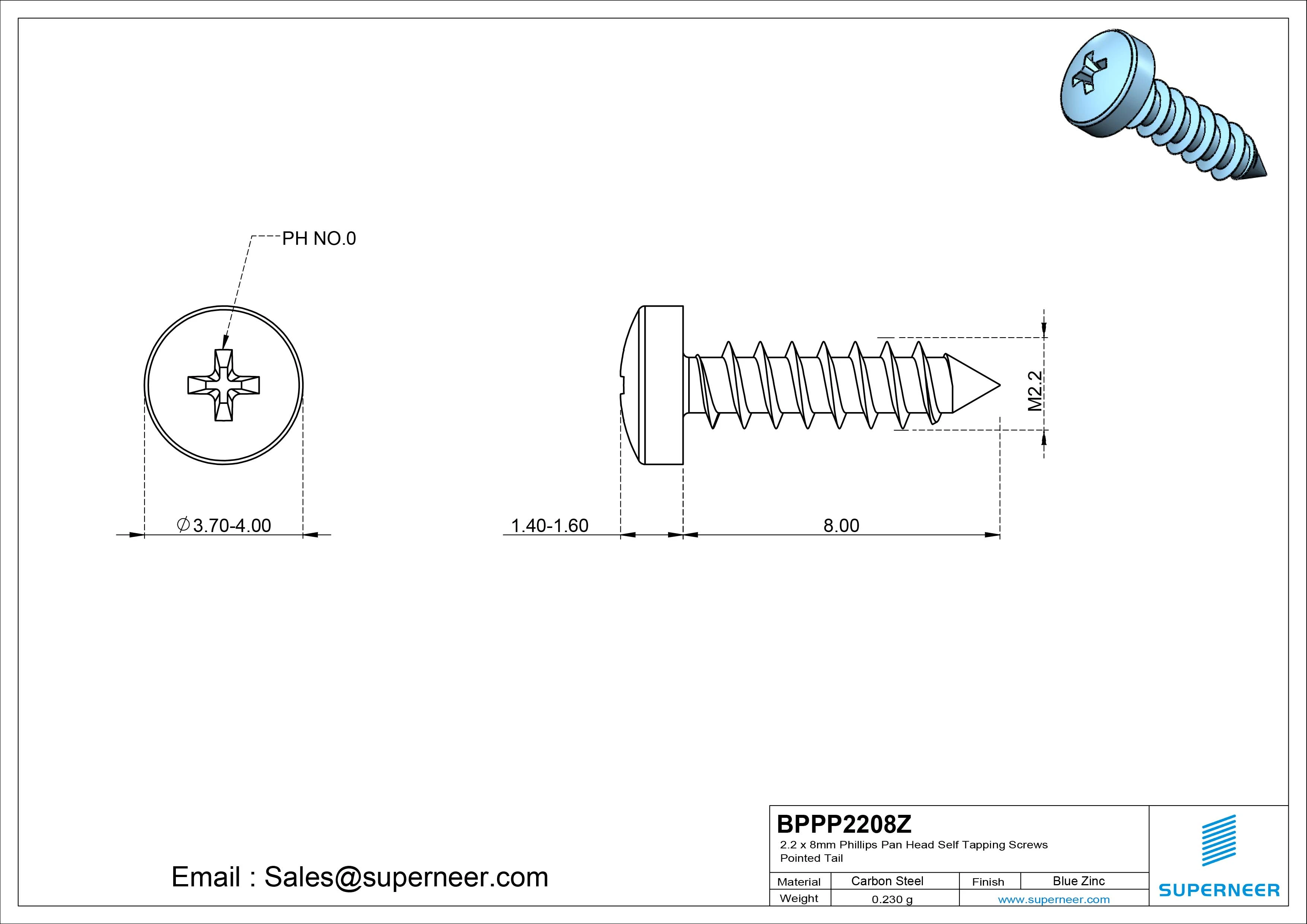 2.2 x 8mm Phillips Pan Head Self Tapping Screws Pointed Tail Steel Blue Zinc Plated