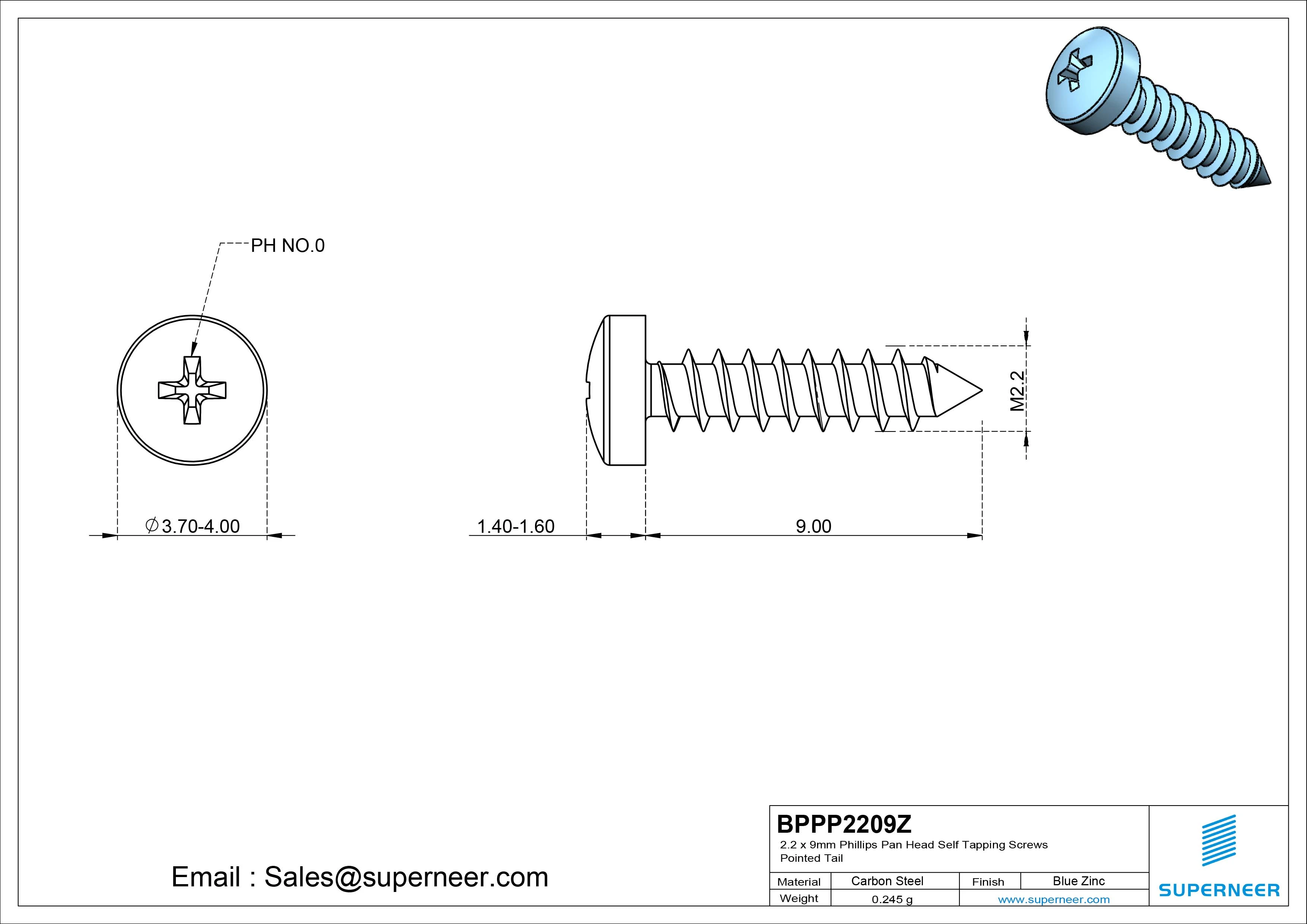2.2 x 9mm Phillips Pan Head Self Tapping Screws Pointed Tail Steel Blue Zinc Plated
