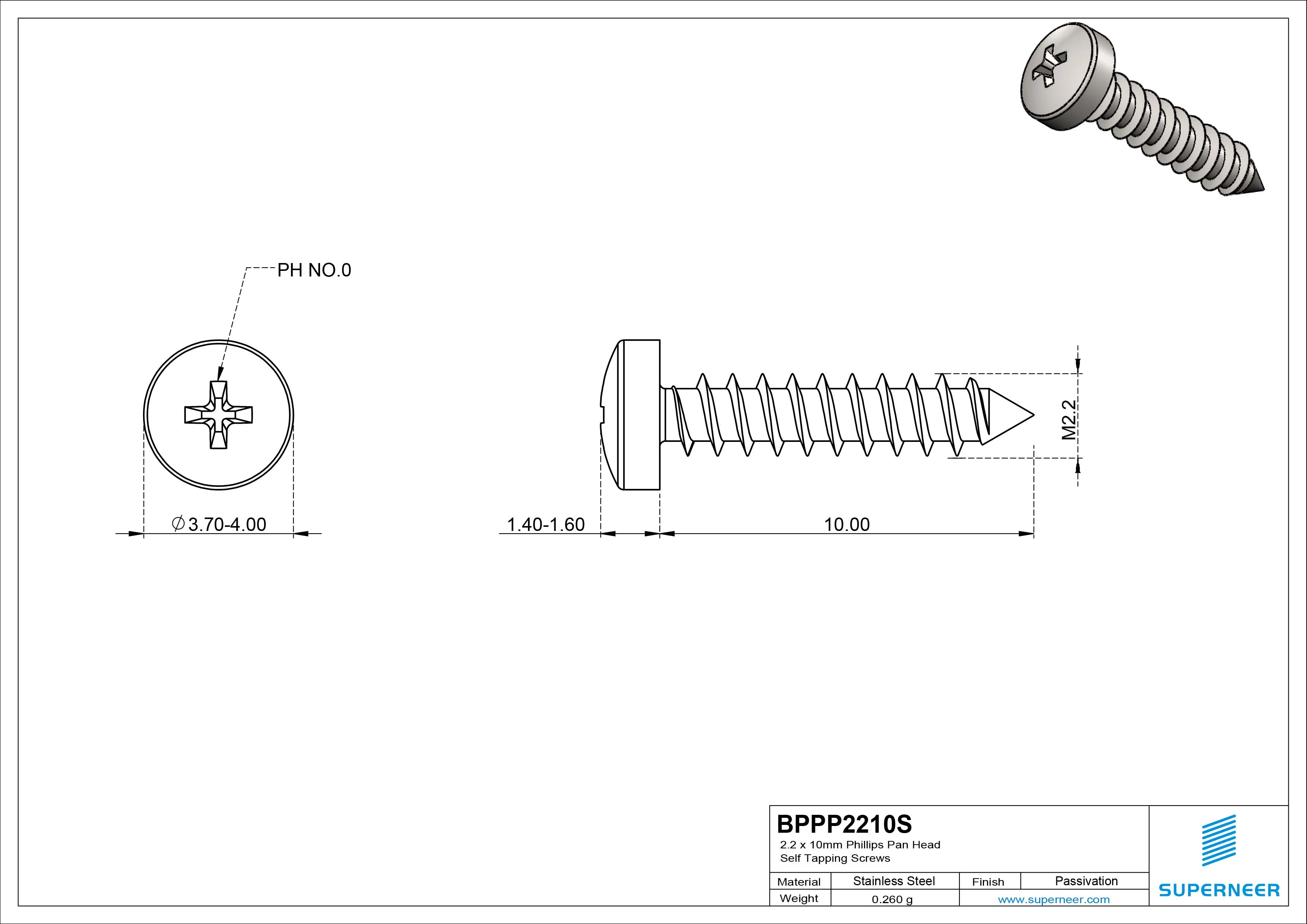 2.2 x 10mm Phillips Pan Head Self Tapping Screws Pointed Tail SUS304 Stainless Steel