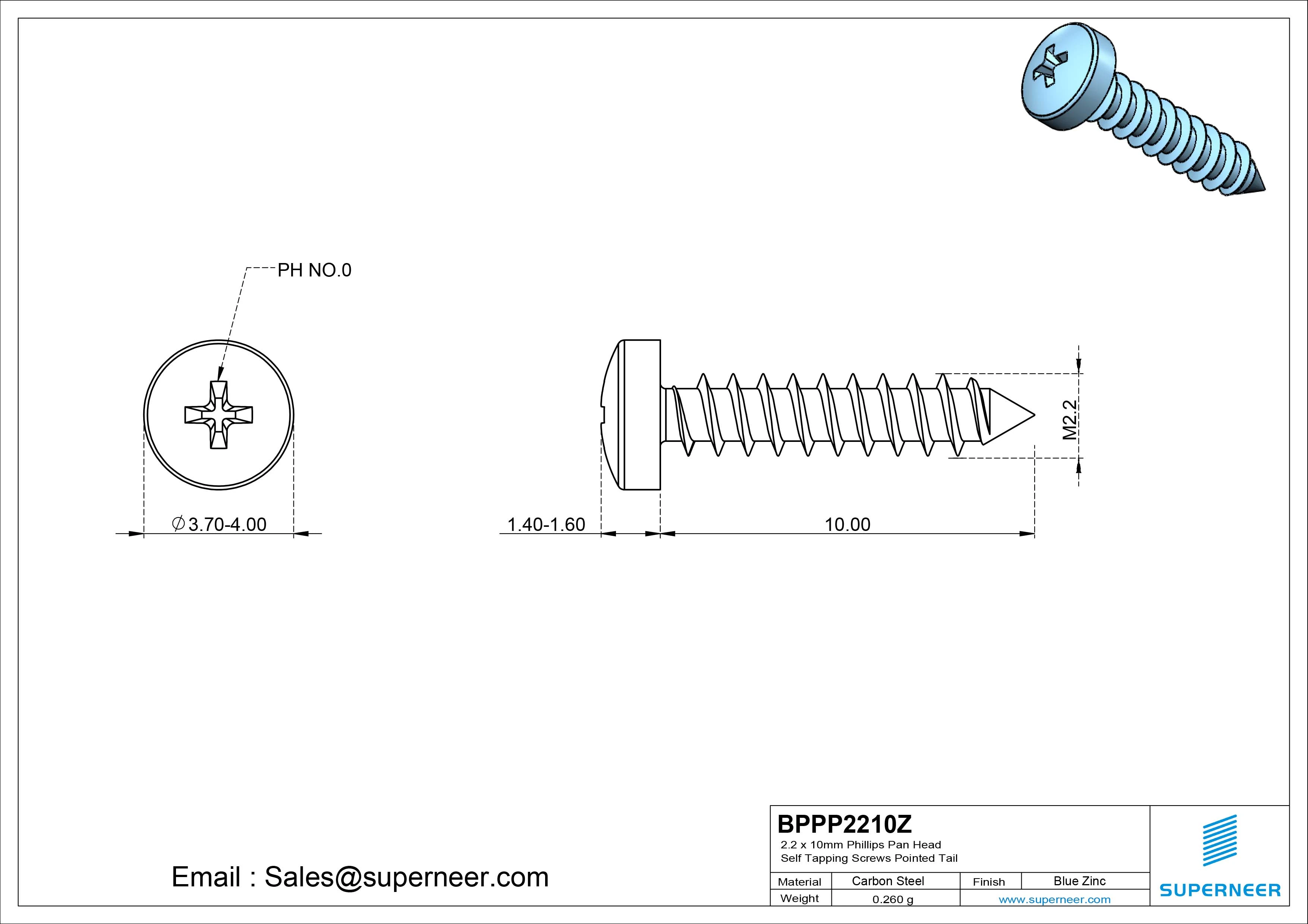 2.2 x 10mm Phillips Pan Head Self Tapping Screws Pointed Tail Steel Blue Zinc Plated