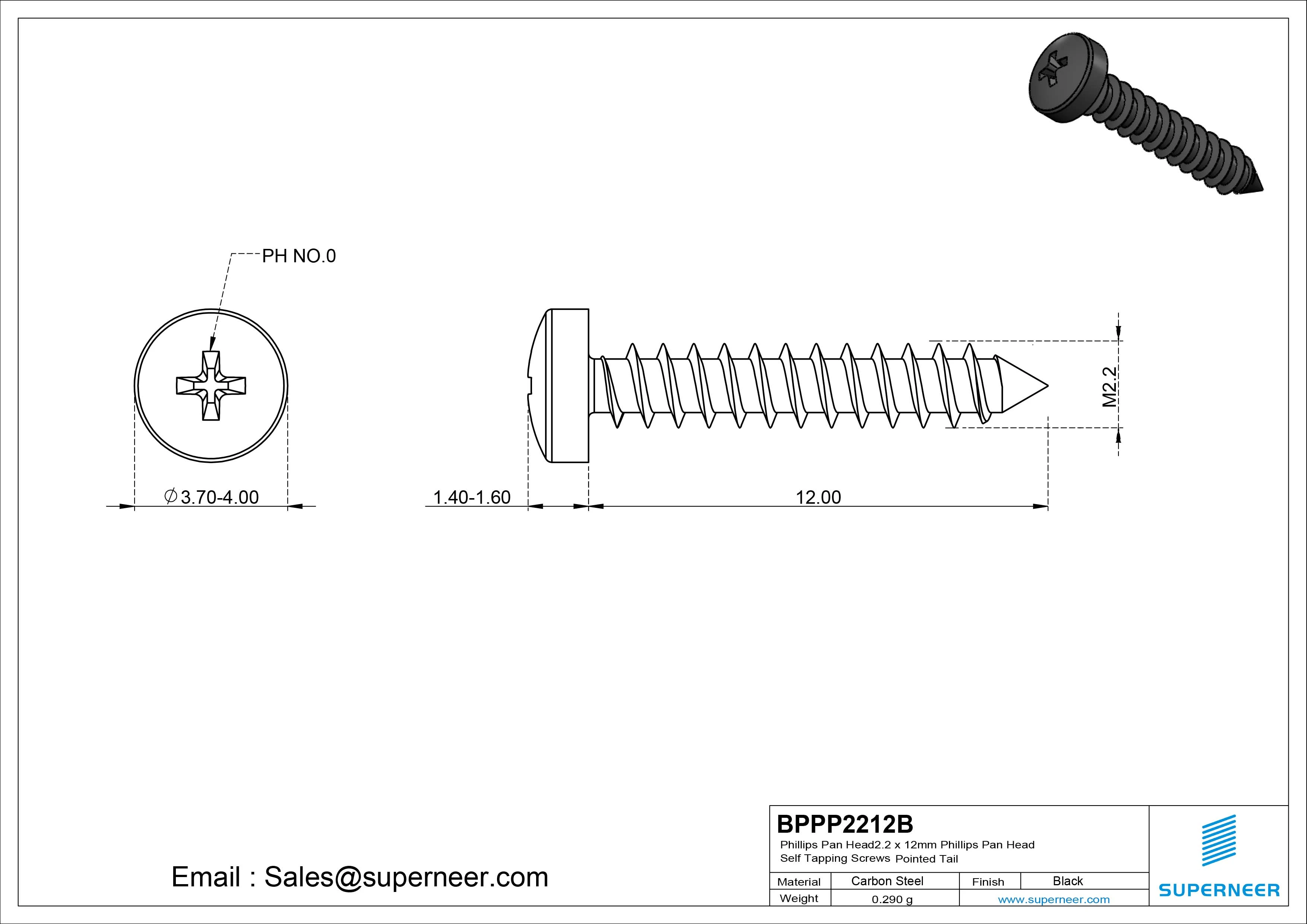 2.2 x 12mm Phillips Pan Head Self Tapping Screws Pointed Tail Steel Black Zinc Plated