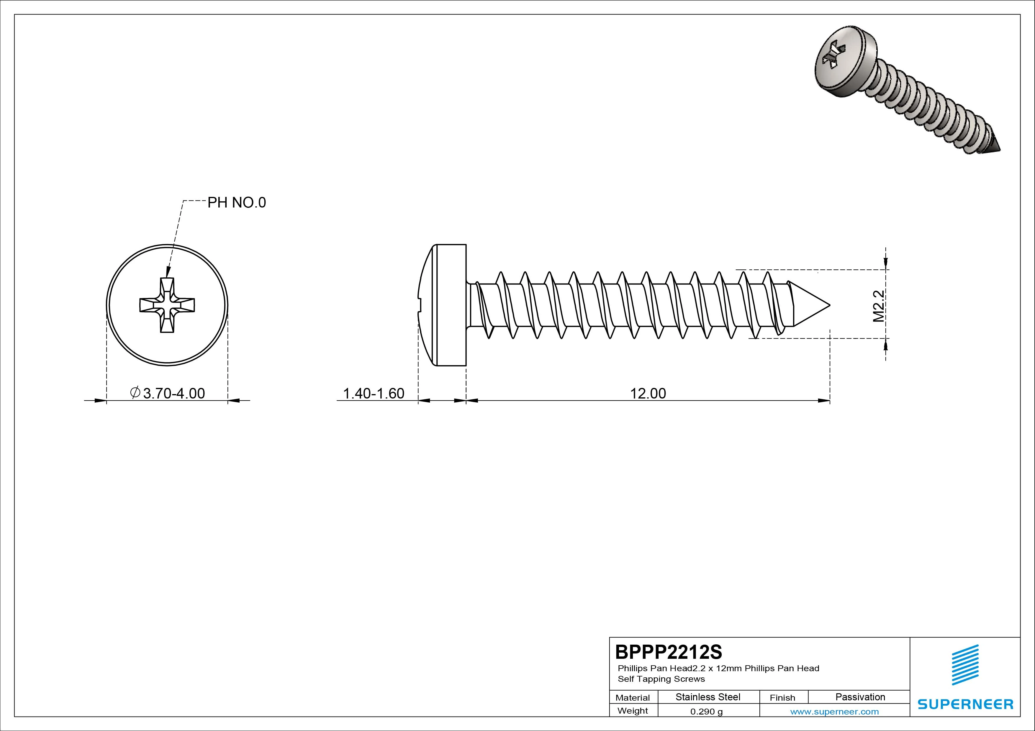 2.2 x 12mm Phillips Pan Head Self Tapping Screws Pointed Tail SUS304 Stainless Steel
