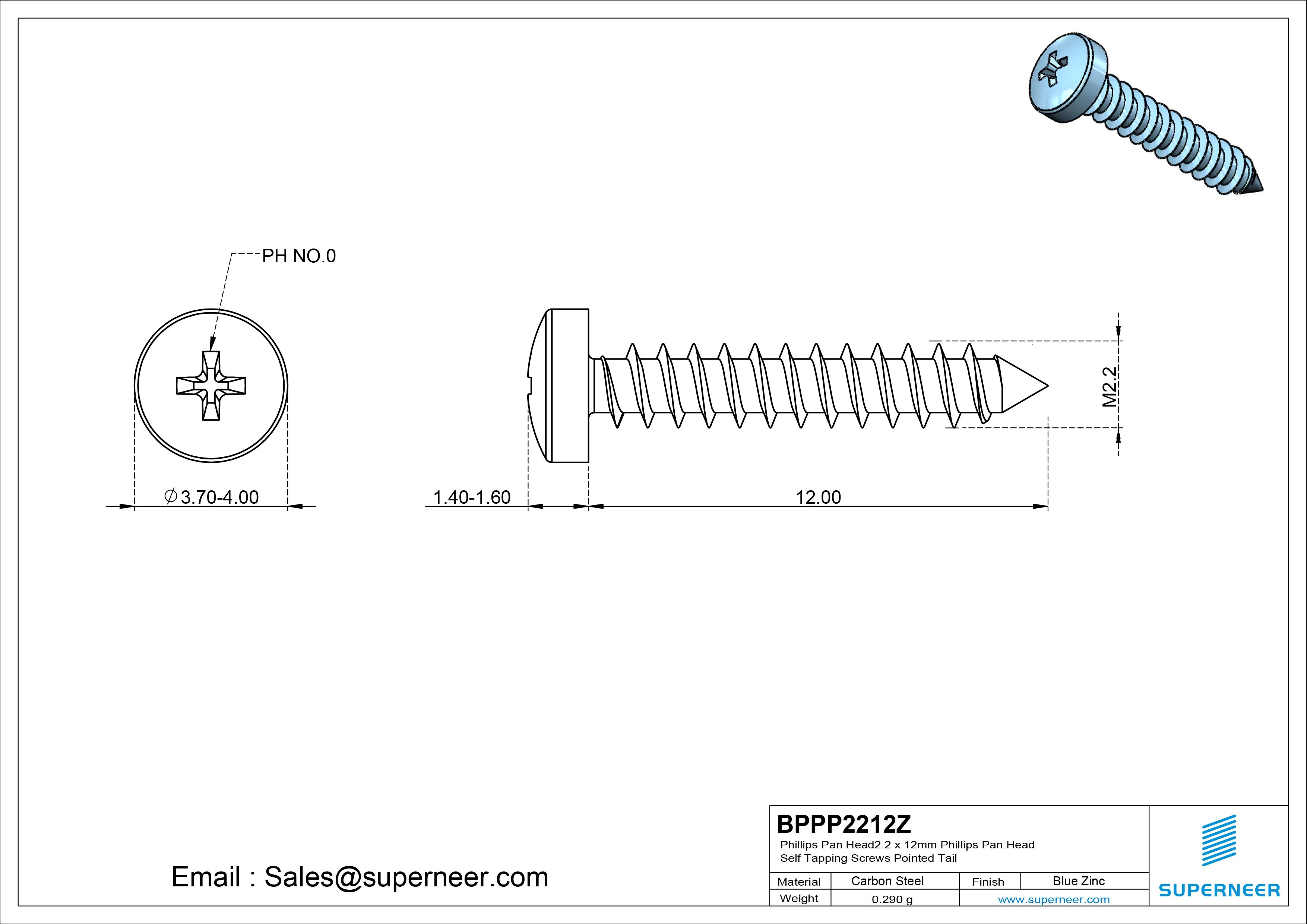 2.2 x 12mm Phillips Pan Head Self Tapping Screws Pointed Tail Steel Blue Zinc Plated