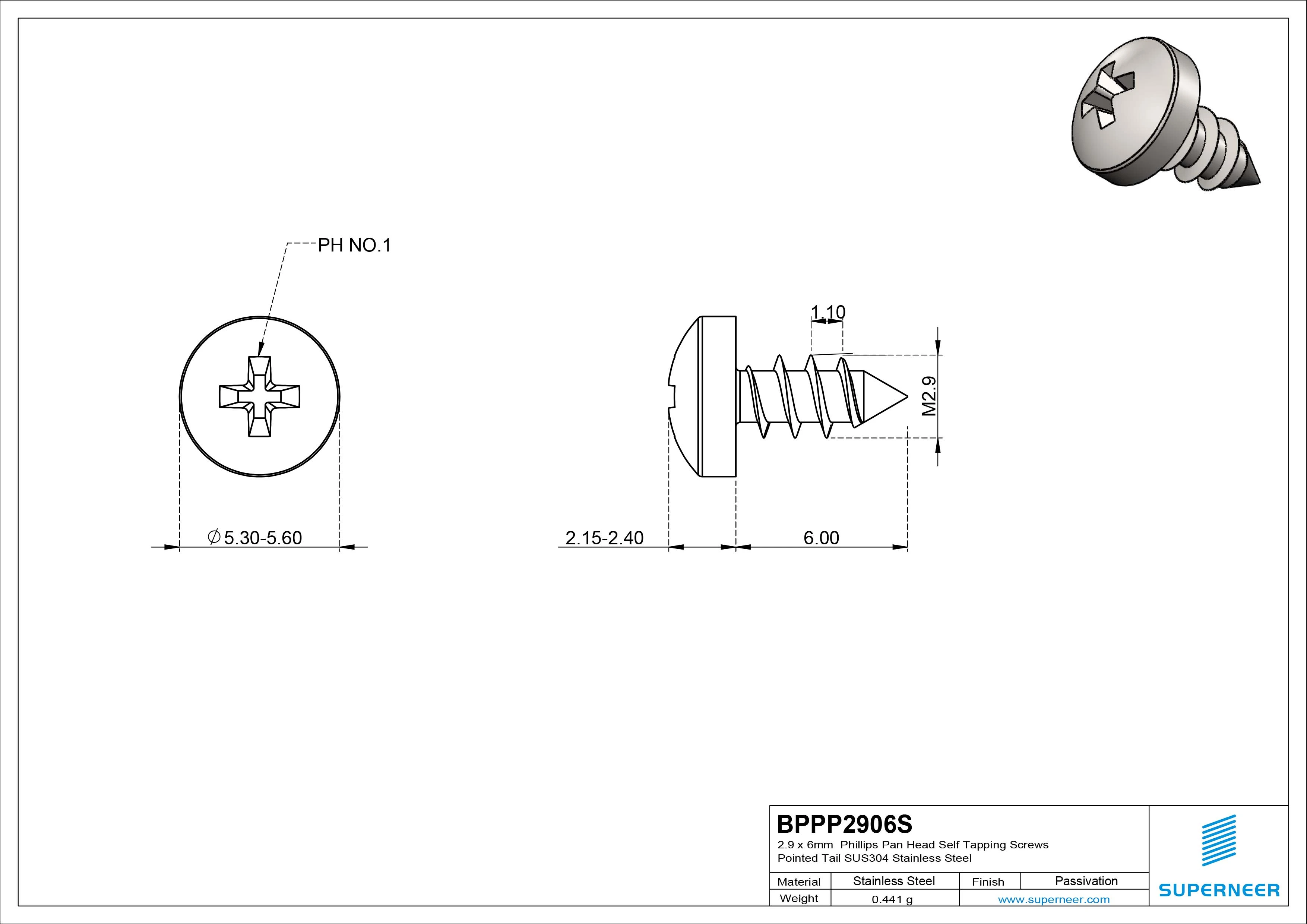 2.9 x 6mm Phillips Pan Head Self Tapping Screws Pointed Tail SUS304 Stainless Steel
