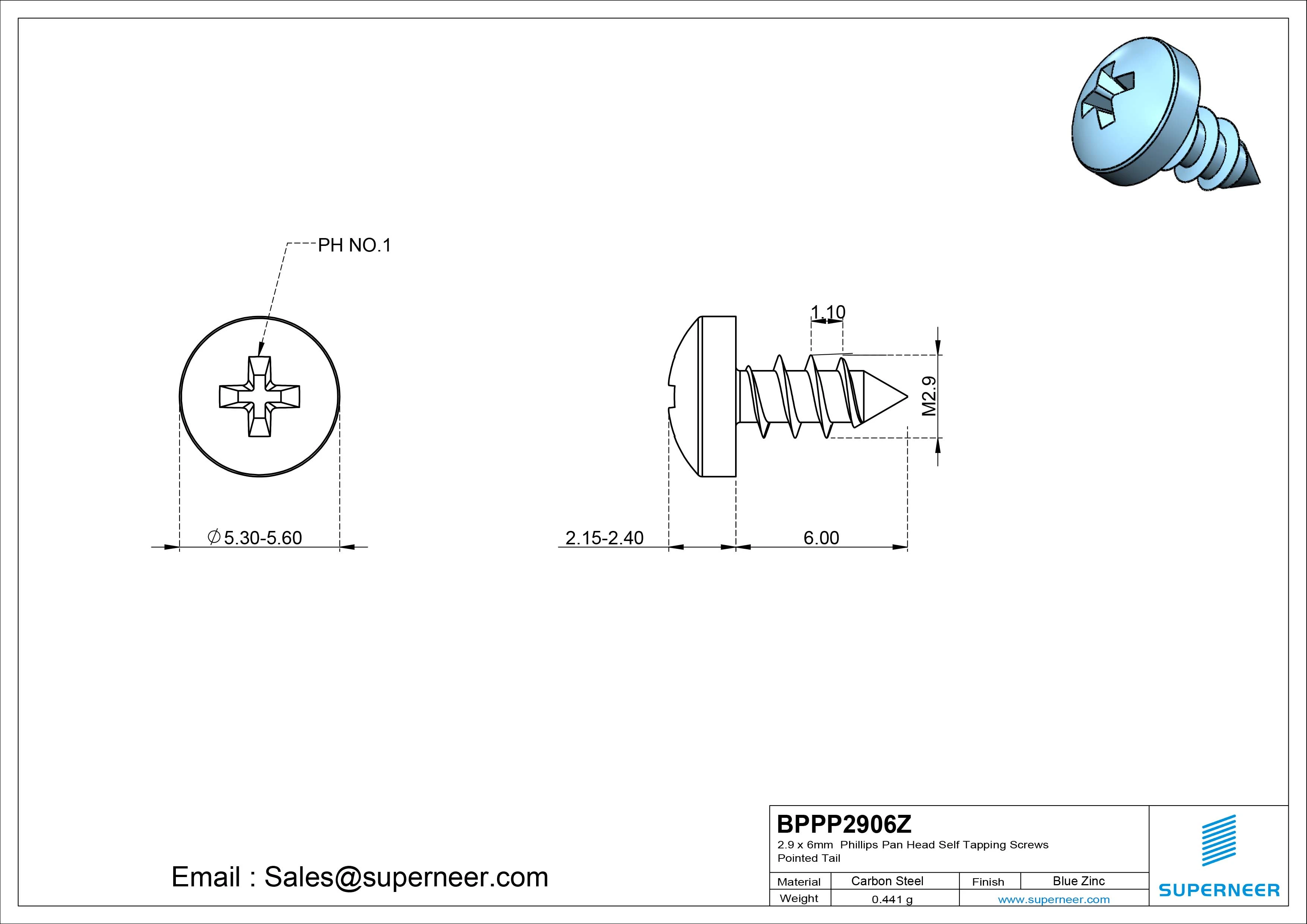 2.9 x 6mm Phillips Pan Head Self Tapping Screws Pointed Tail Steel Blue Zinc Plated