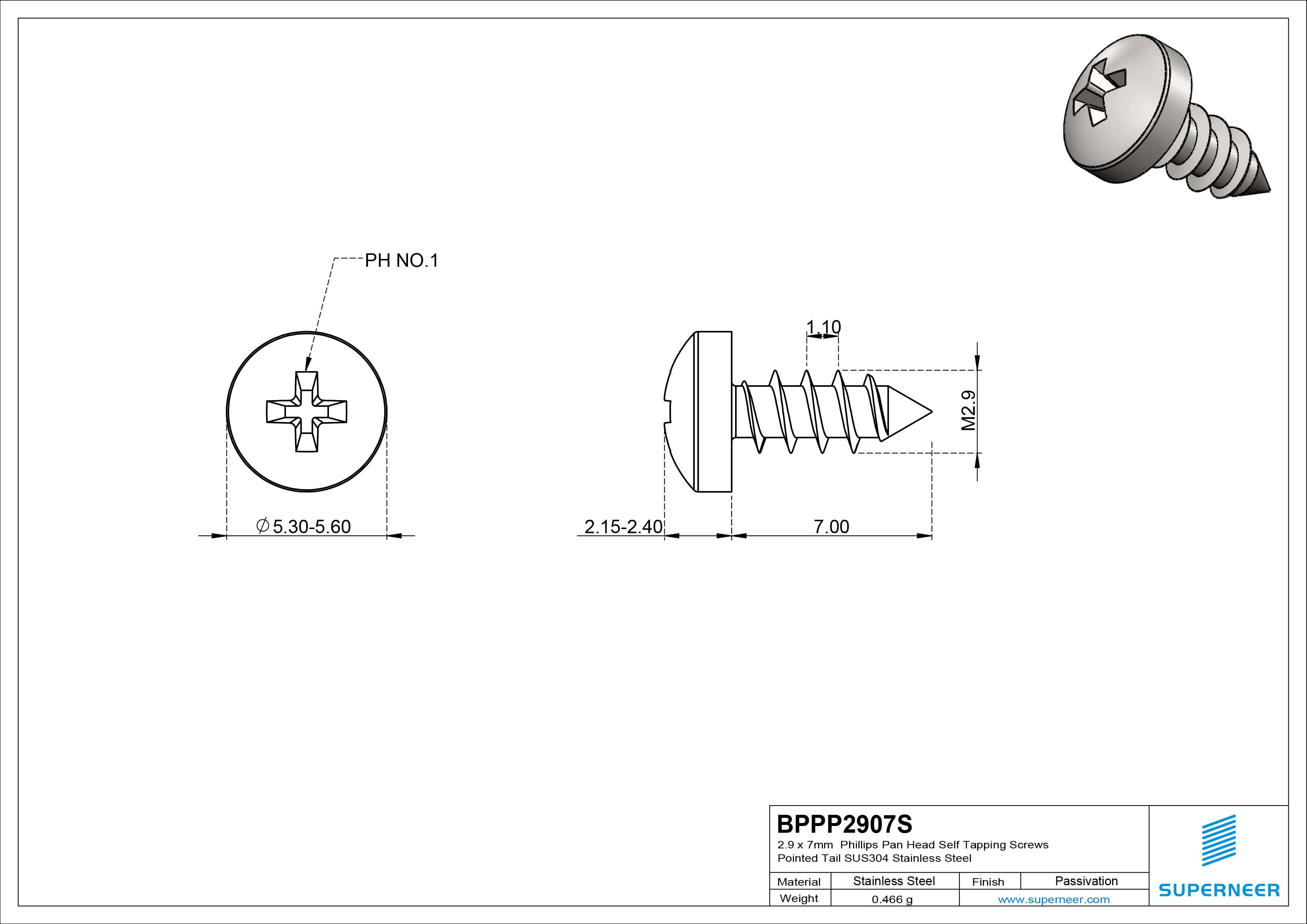 2.9 x 7mm Phillips Pan Head Self Tapping Screws Pointed Tail SUS304 Stainless Steel
