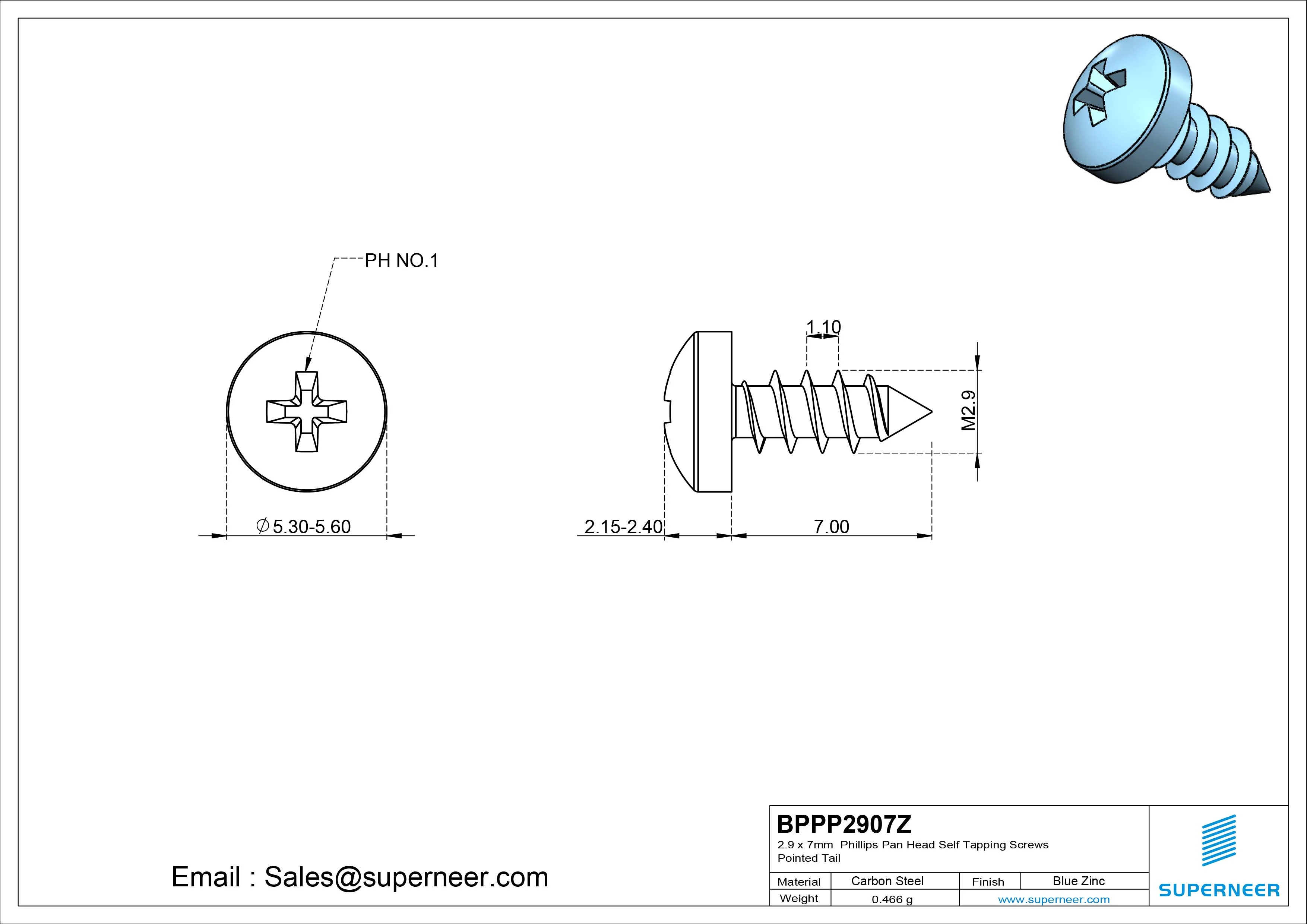 2.9 x 7mm Phillips Pan Head Self Tapping Screws Pointed Tail Steel Blue Zinc Plated