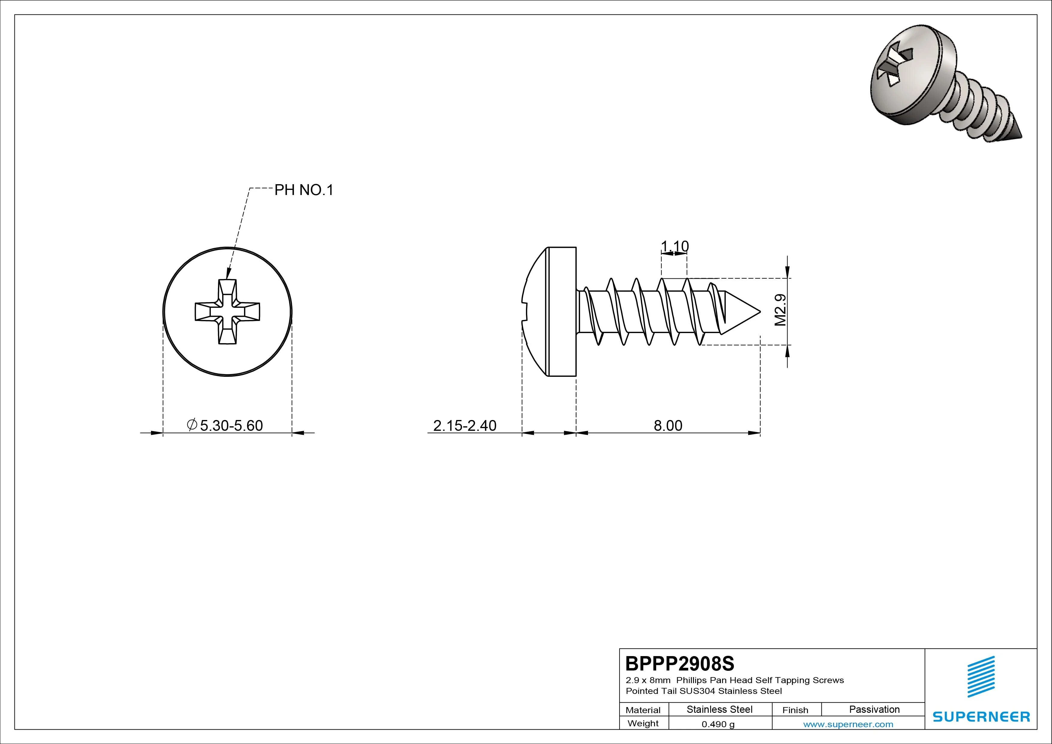 2.9 x 8mm Phillips Pan Head Self Tapping Screws Pointed Tail SUS304 Stainless Steel