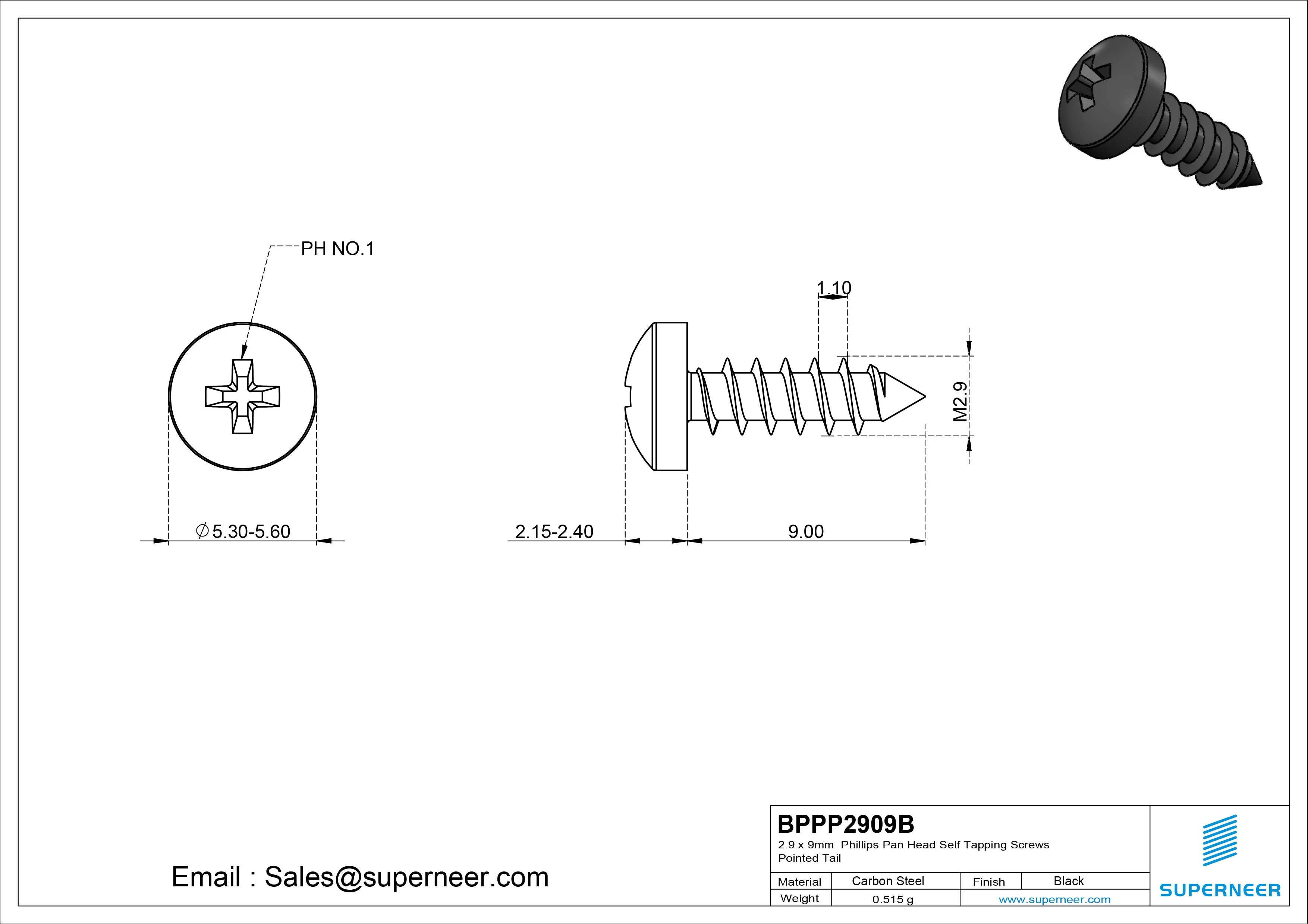 2.9 x 9mm Phillips Pan Head Self Tapping Screws Pointed Tail Steel Black Zinc Plated