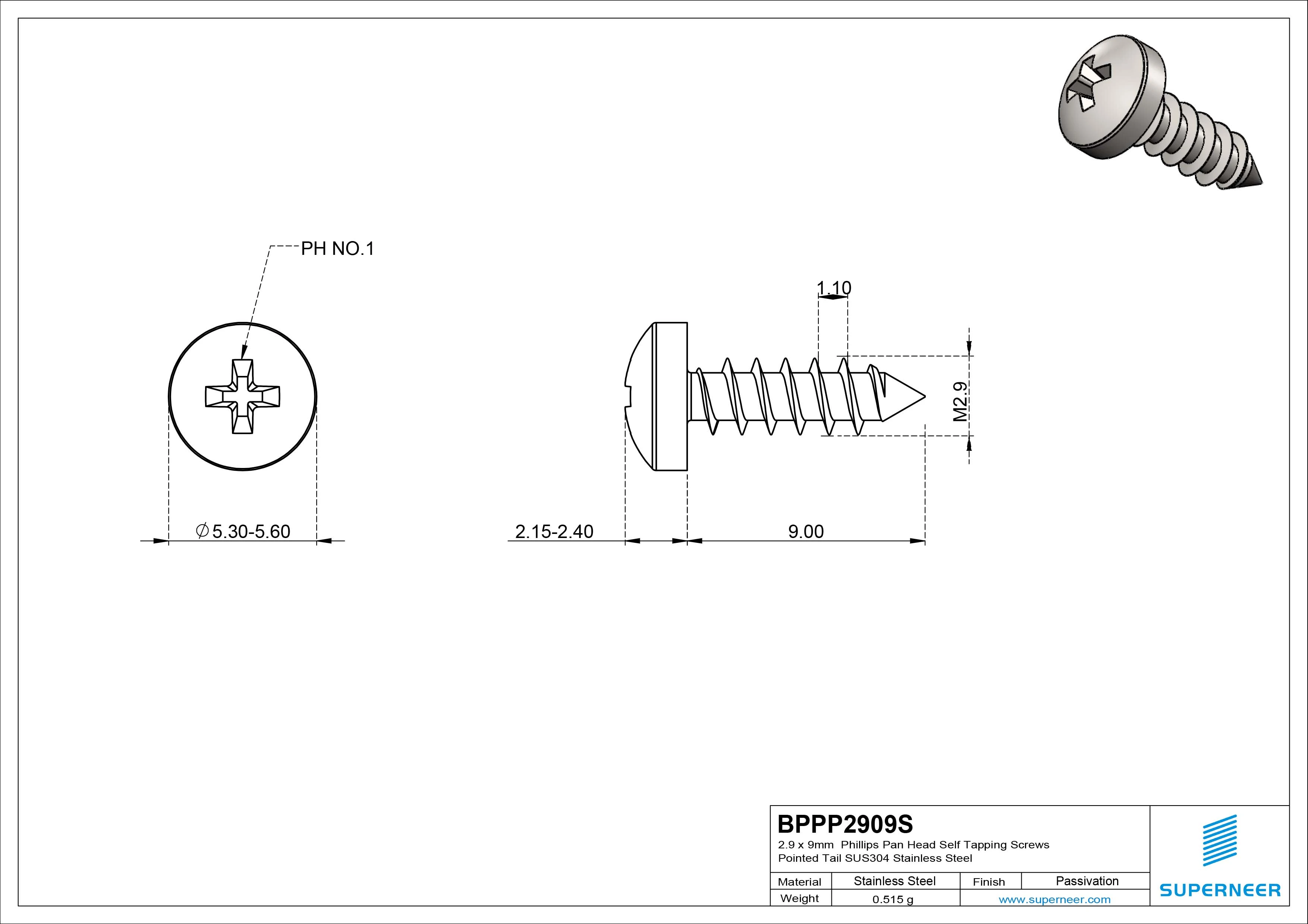 2.9 x 9mm Phillips Pan Head Self Tapping Screws Pointed Tail SUS304 Stainless Steel