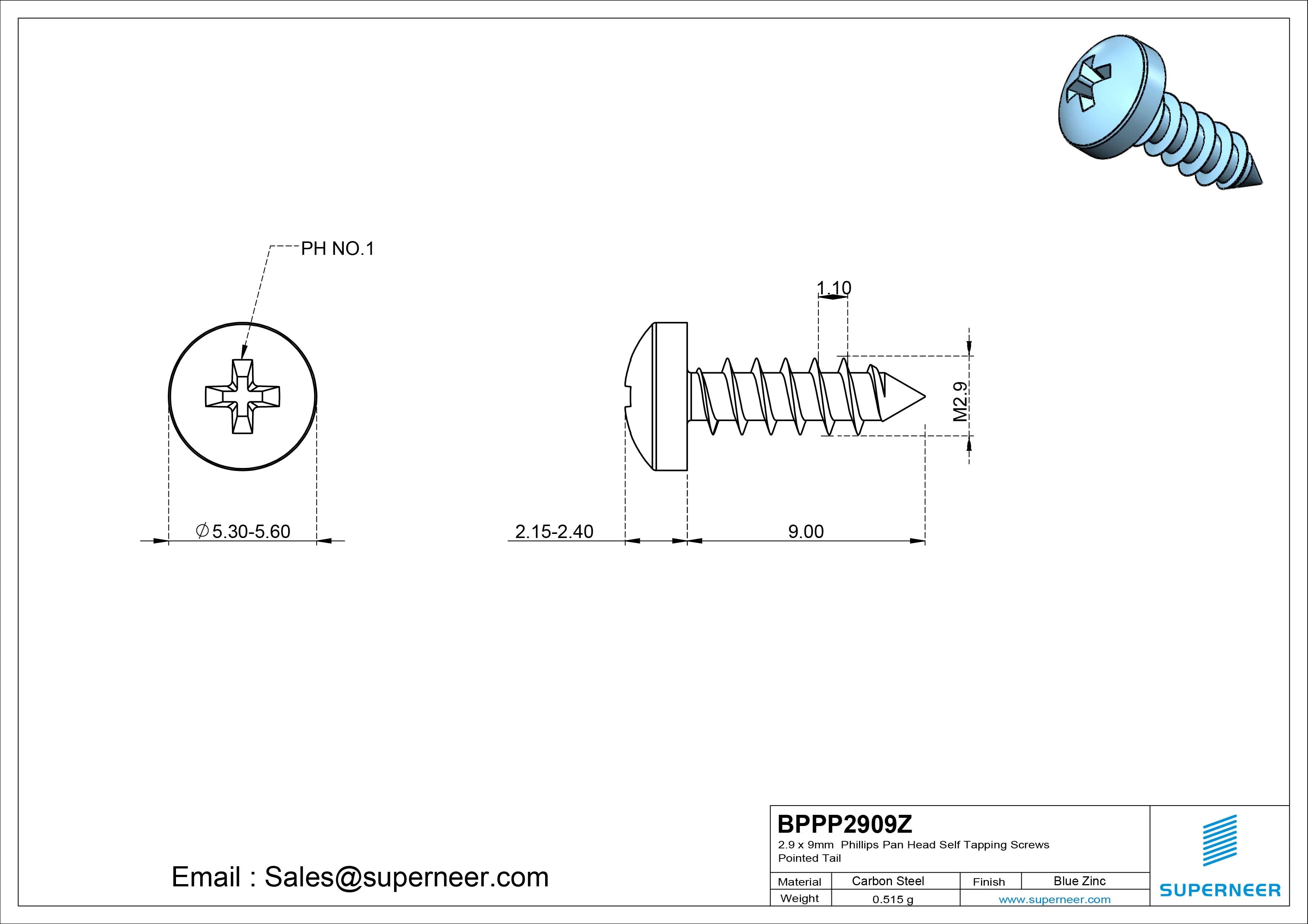 2.9 x 9mm Phillips Pan Head Self Tapping Screws Pointed Tail Steel Blue Zinc Plated