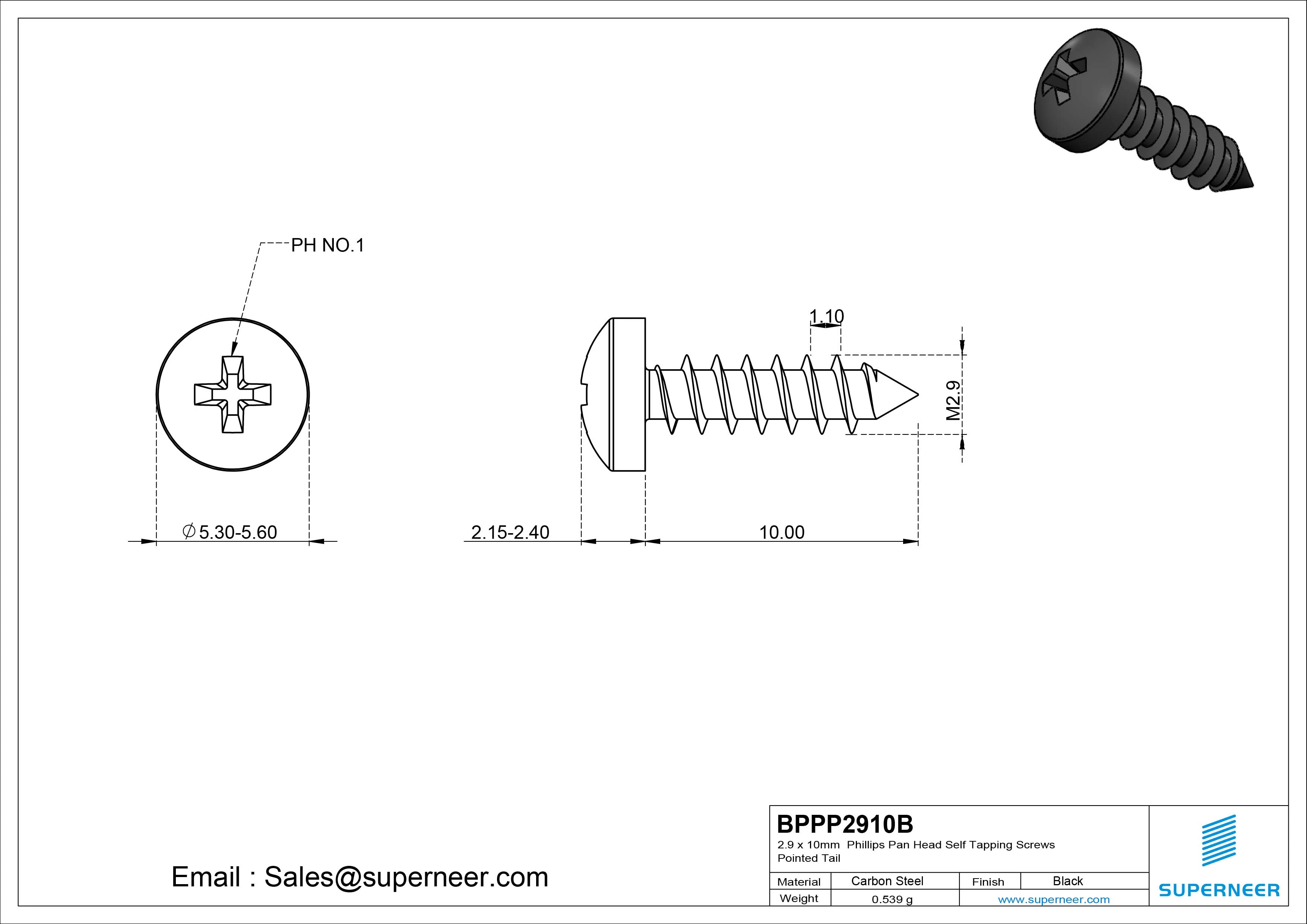 2.9 x 10mm Phillips Pan Head Self Tapping Screws Pointed Tail Steel Black Zinc Plated
