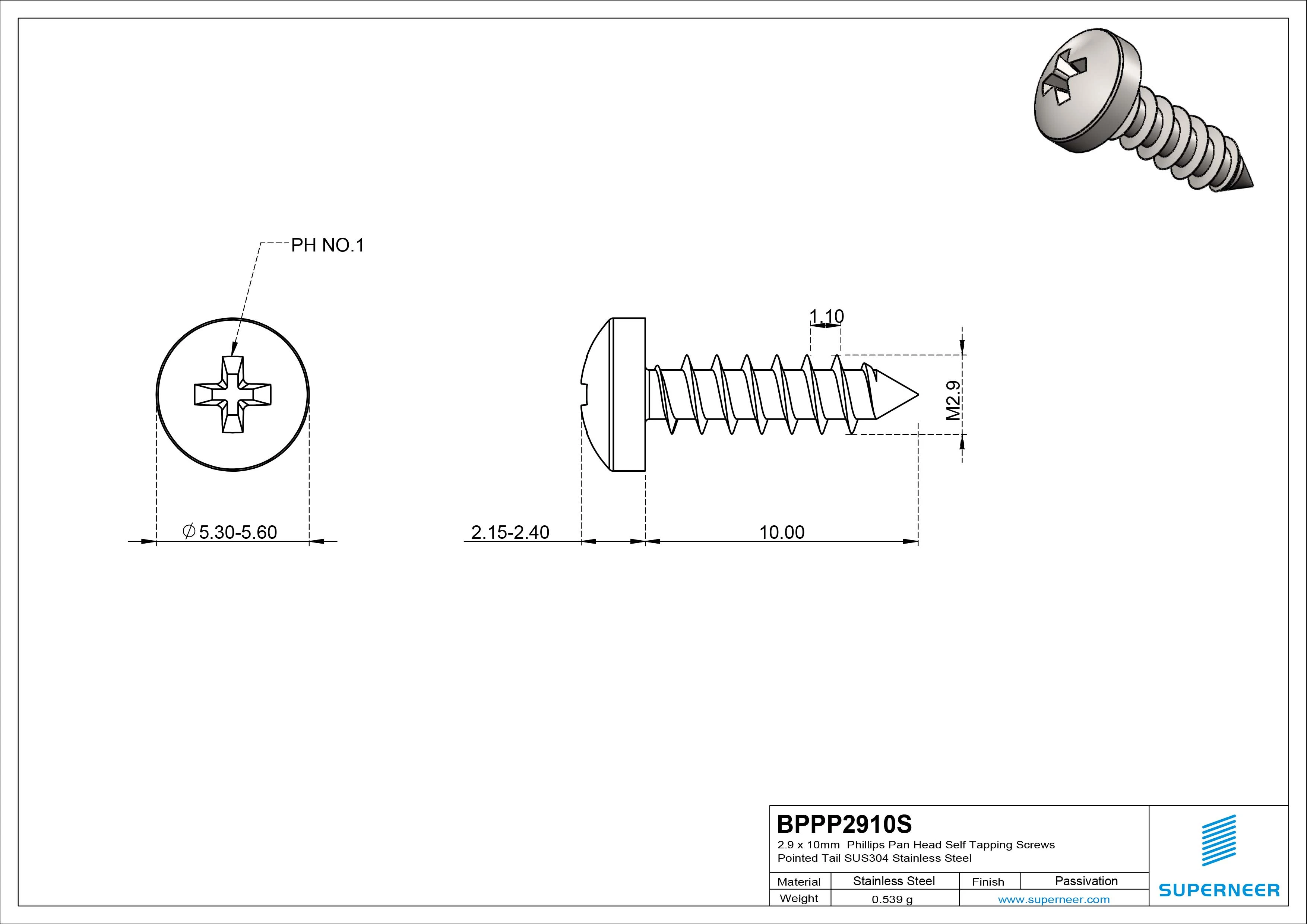 2.9 x 10mm Phillips Pan Head Self Tapping Screws Pointed Tail SUS304 Stainless Steel
