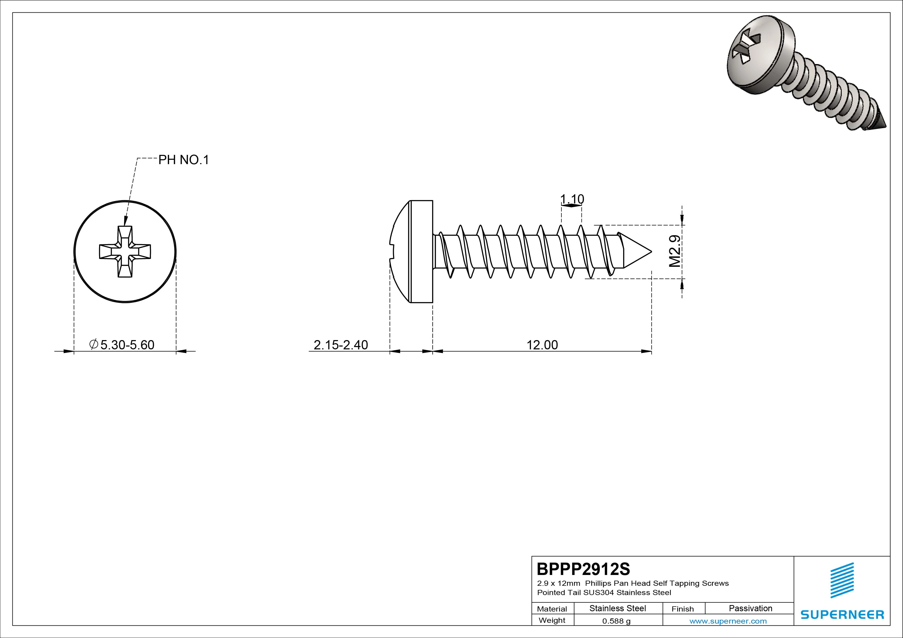 2.9 x 12mm Phillips Pan Head Self Tapping Screws Pointed Tail SUS304 Stainless Steel