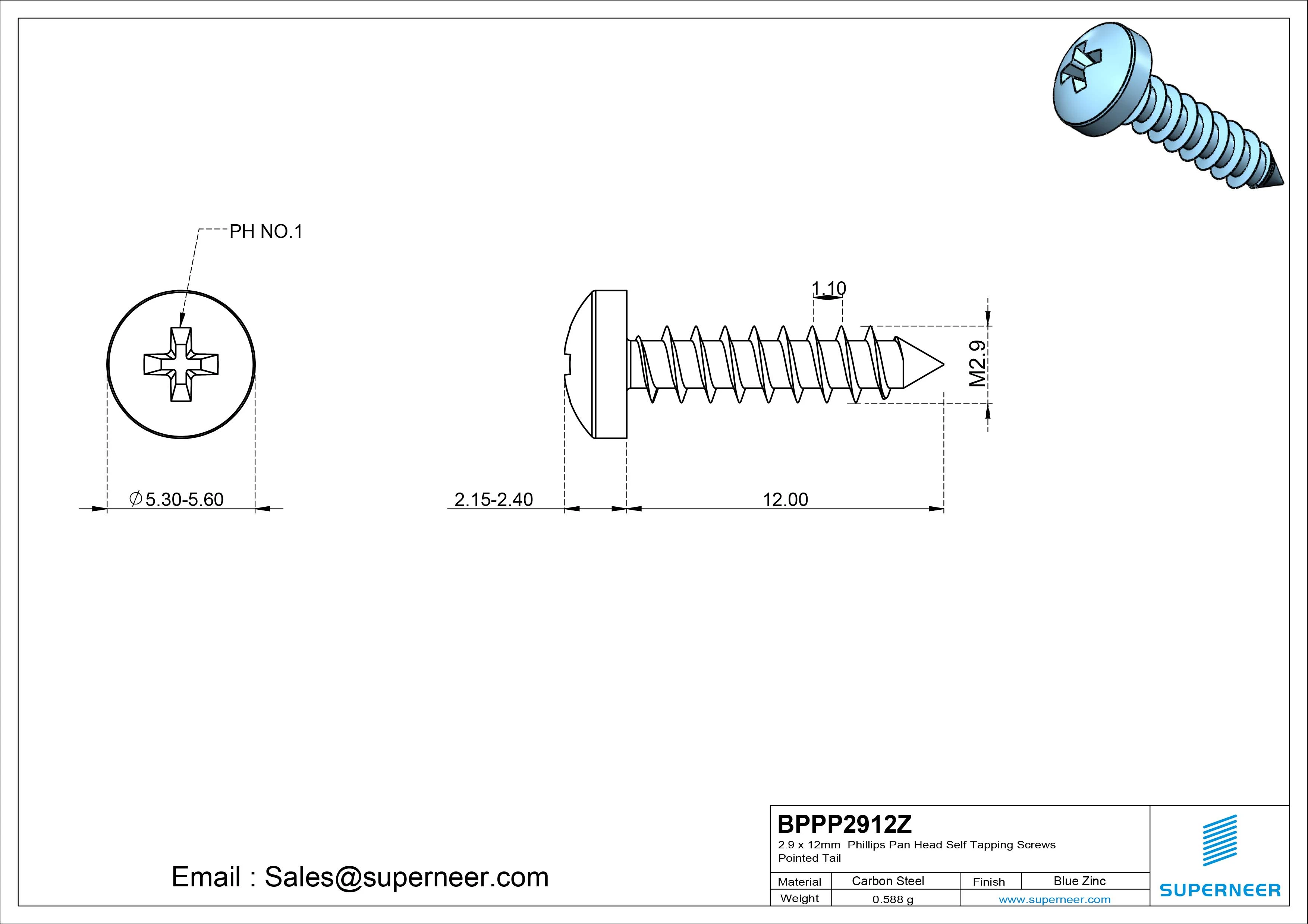 2.9 x 12mm Phillips Pan Head Self Tapping Screws Pointed Tail Steel Blue Zinc Plated