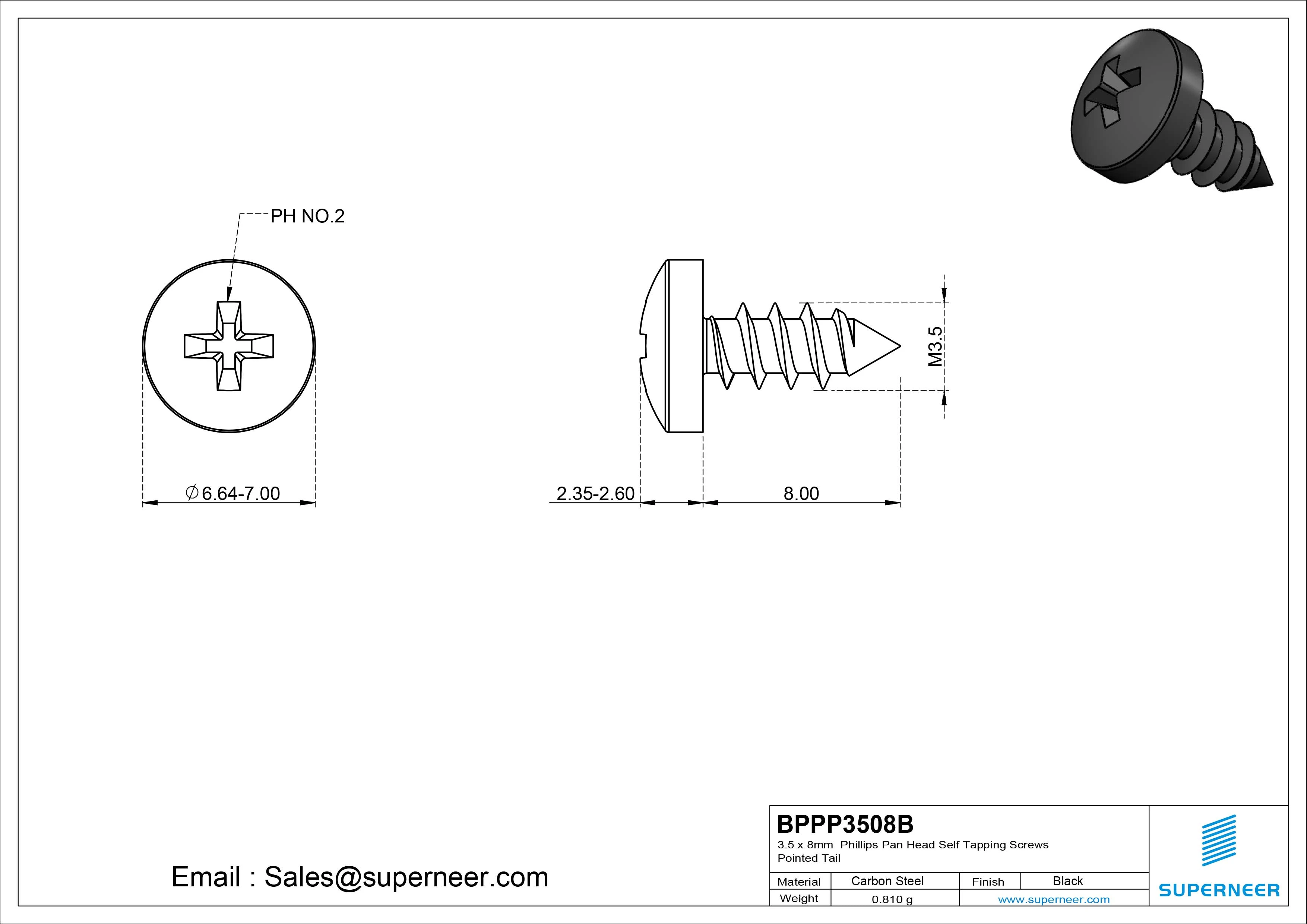 3.5 x 8mm Phillips Pan Head Self Tapping Screws Pointed Tail Steel Black Zinc Plated